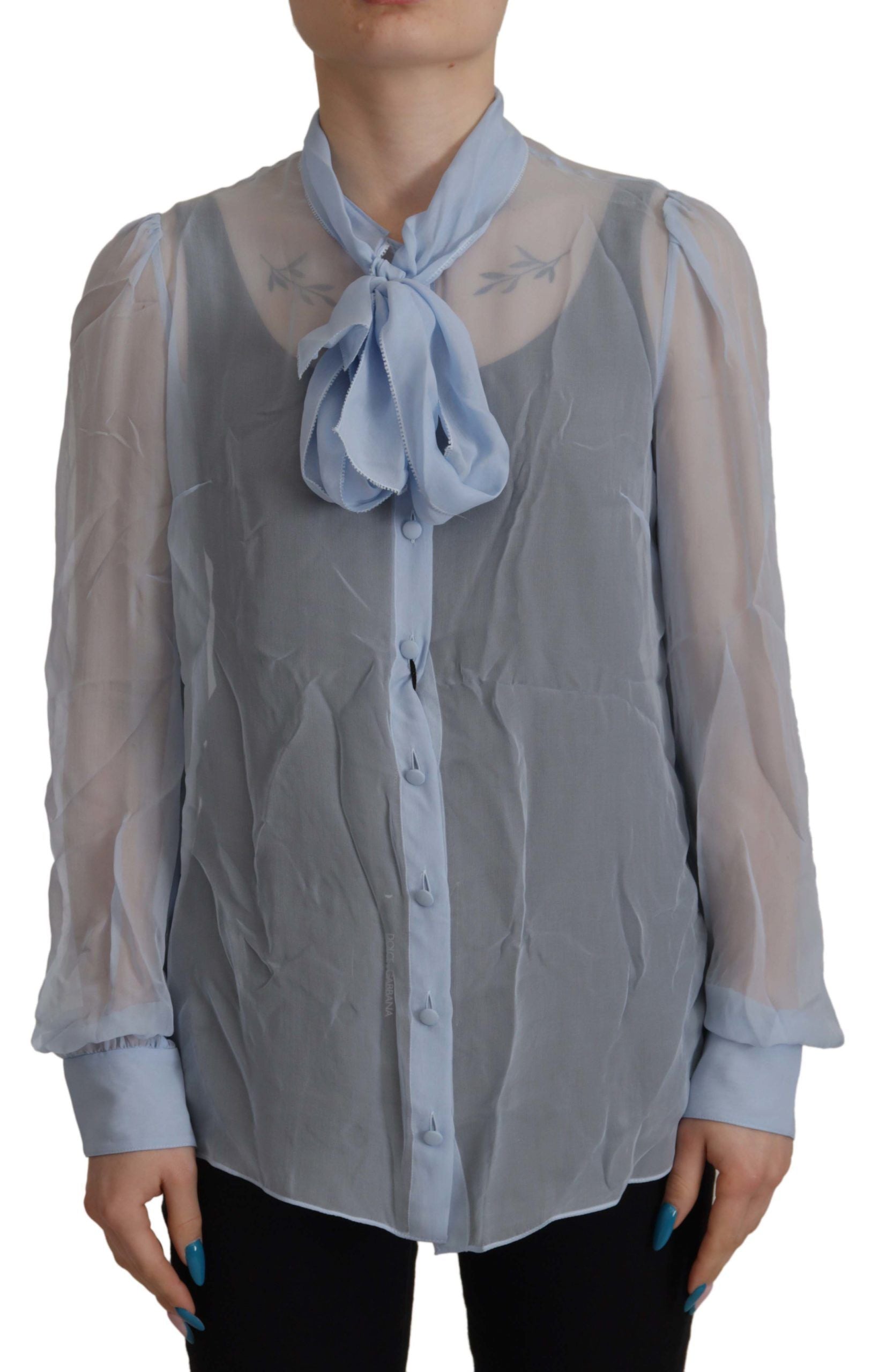 Dolce &amp; Gabbana Light Blue Silk Ascot Collar Long Sleeves Top