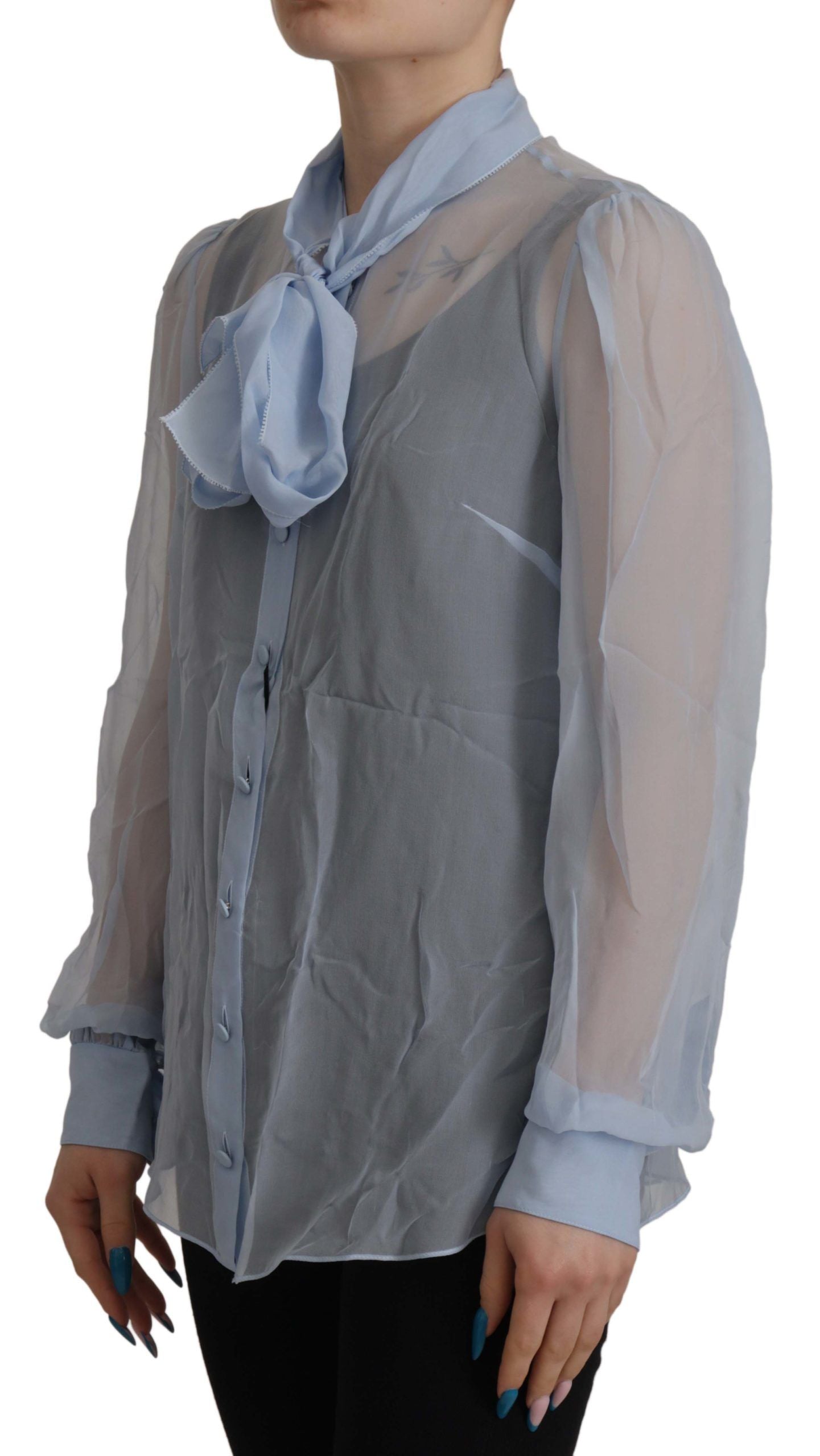 Dolce &amp; Gabbana Light Blue Silk Ascot Collar Long Sleeves Top