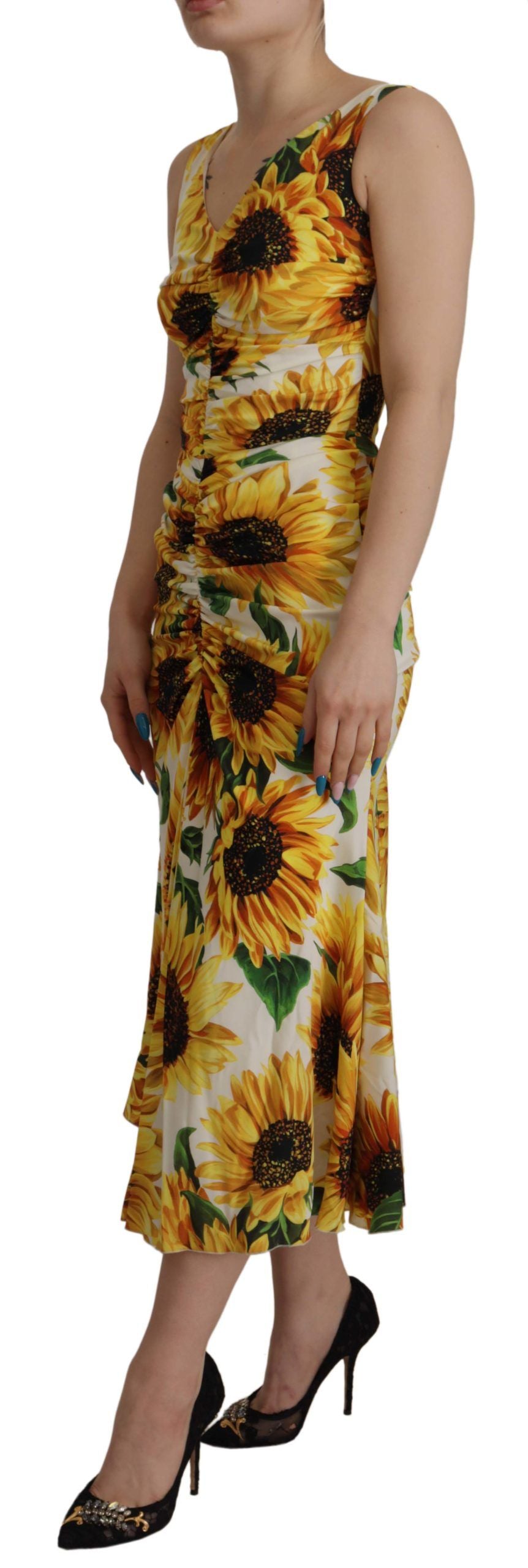 Dolce &amp; Gabbana White Sunflower Print Sheath Midi Silk