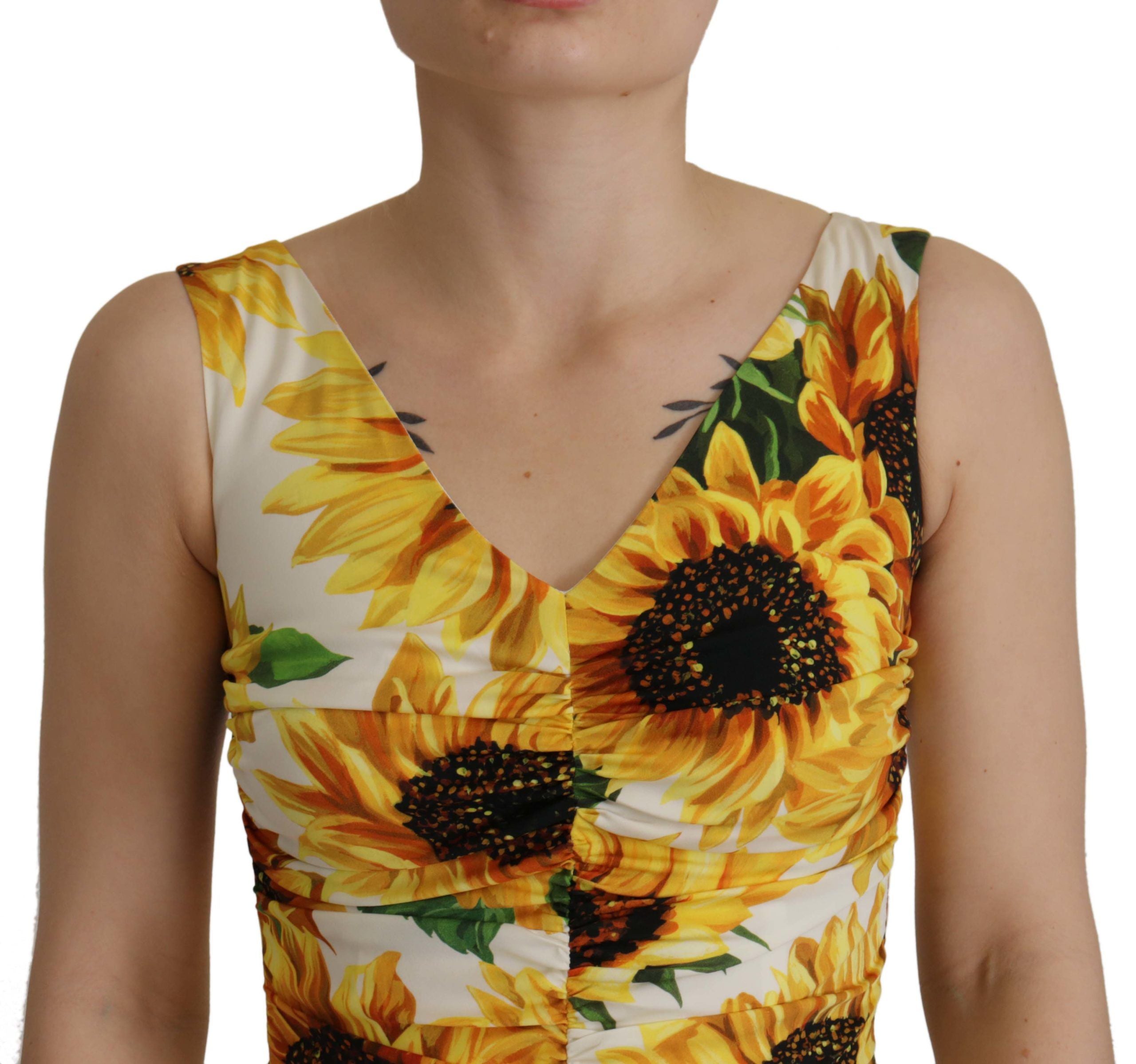 Dolce &amp; Gabbana White Sunflower Print Sheath Midi Silk
