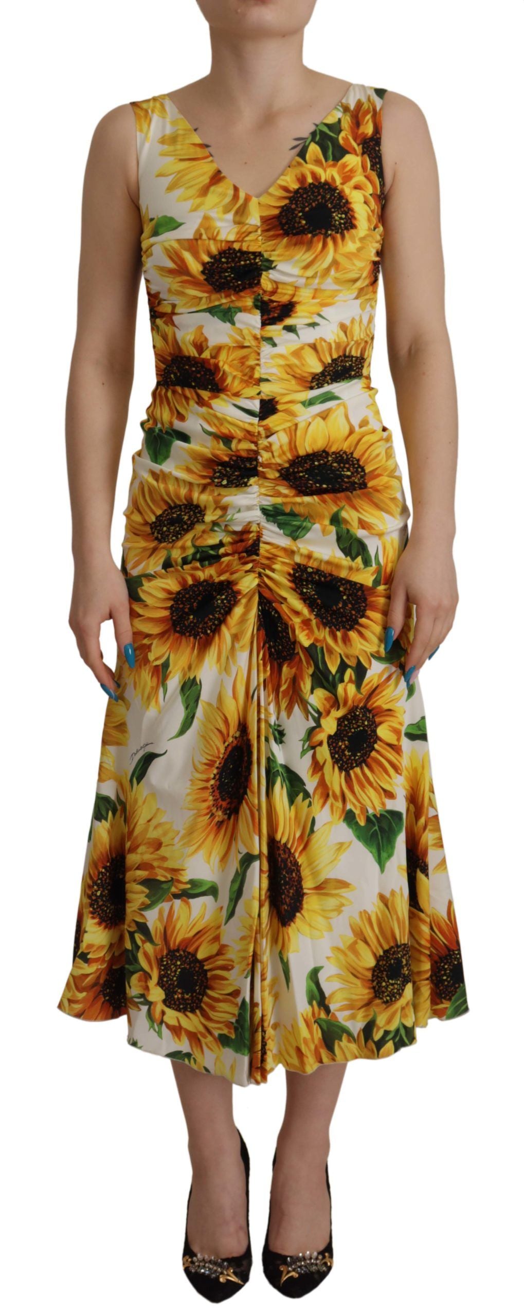 Dolce &amp; Gabbana White Sunflower Print Sheath Midi Silk