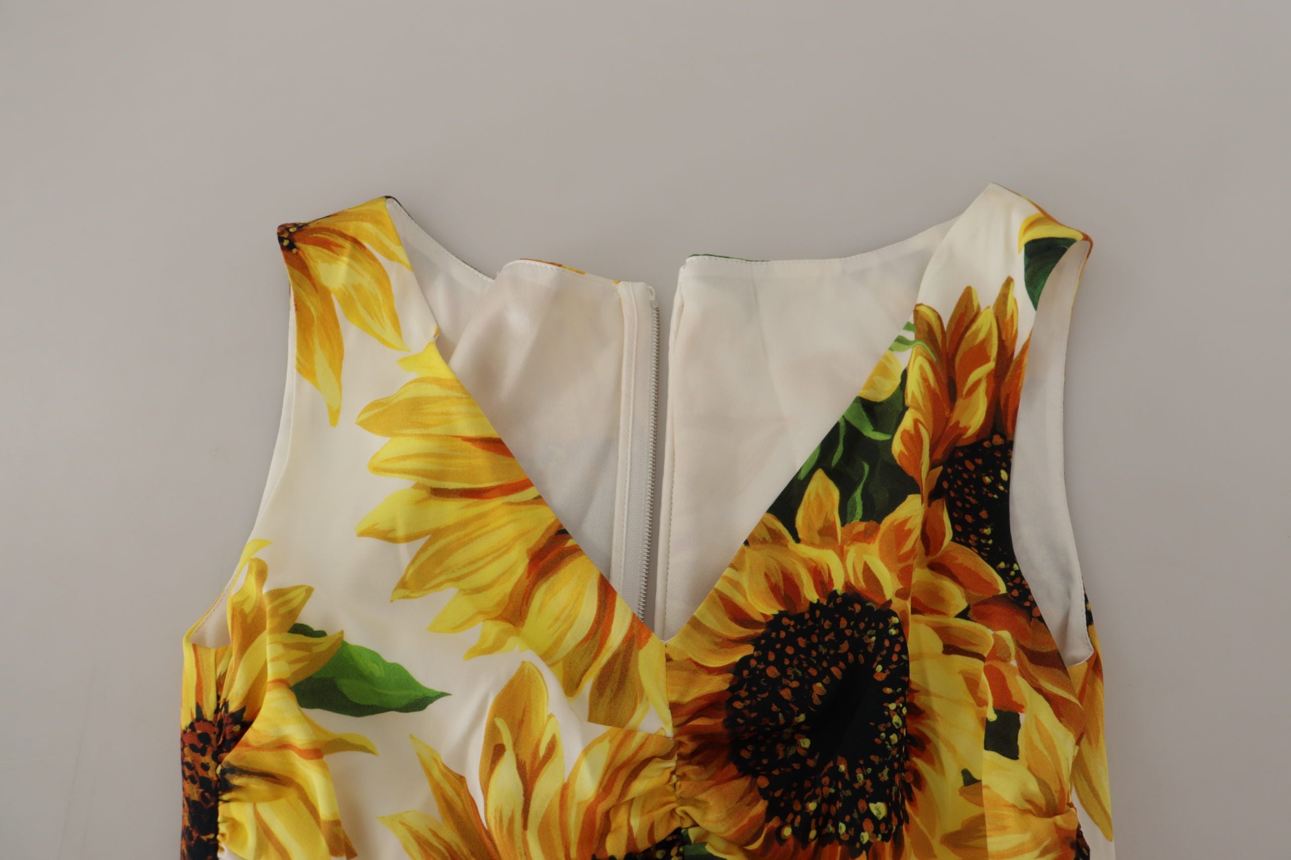 Dolce &amp; Gabbana White Sunflower Print Sheath Midi Silk