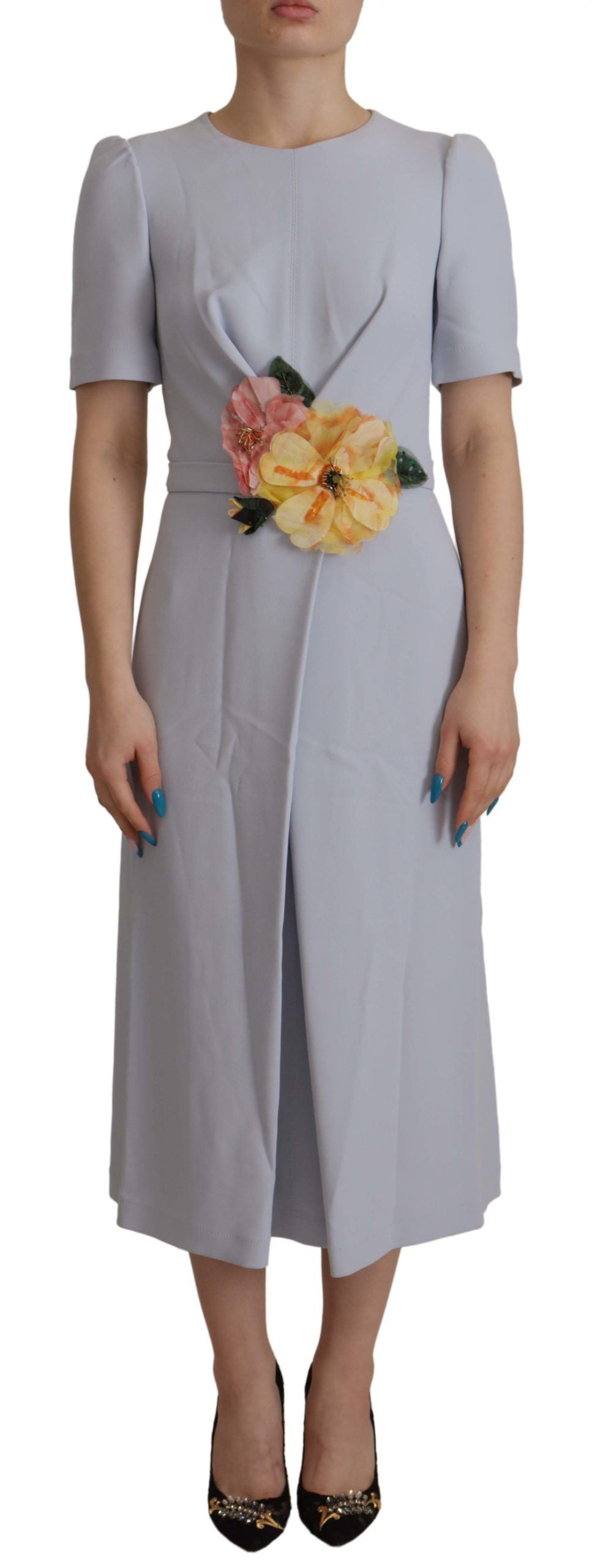 Dolce &amp; Gabbana Blue Floral Applique Midi Viscose Dress