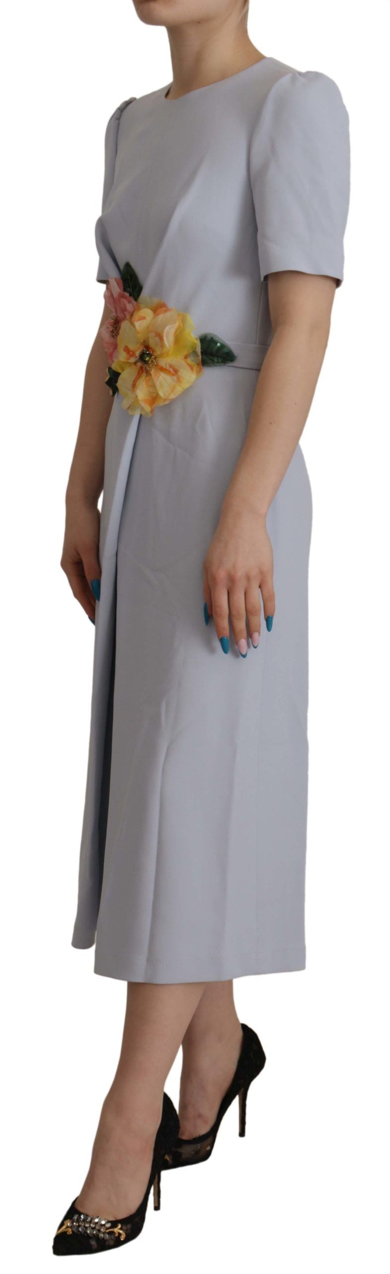 Dolce &amp; Gabbana Blue Floral Applique Midi Viscose Dress