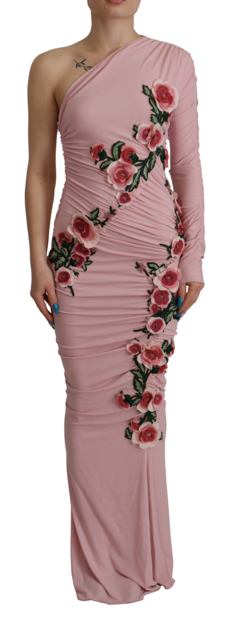 Dolce &amp; Gabbana Pink Flower Embellished One Shoulder Dress