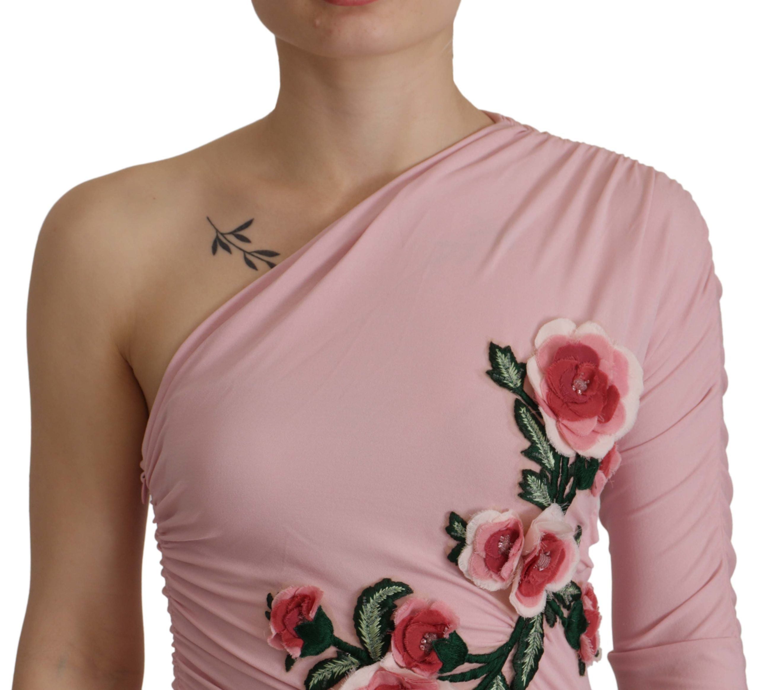 Dolce &amp; Gabbana Pink Flower Embellished One Shoulder Dress