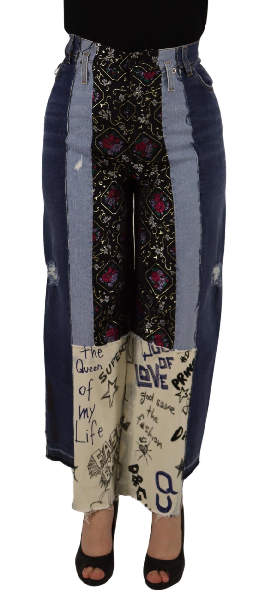Dolce &amp; Gabbana Multicolor Patchwork DG Fashion Wide Leg Denim Pant