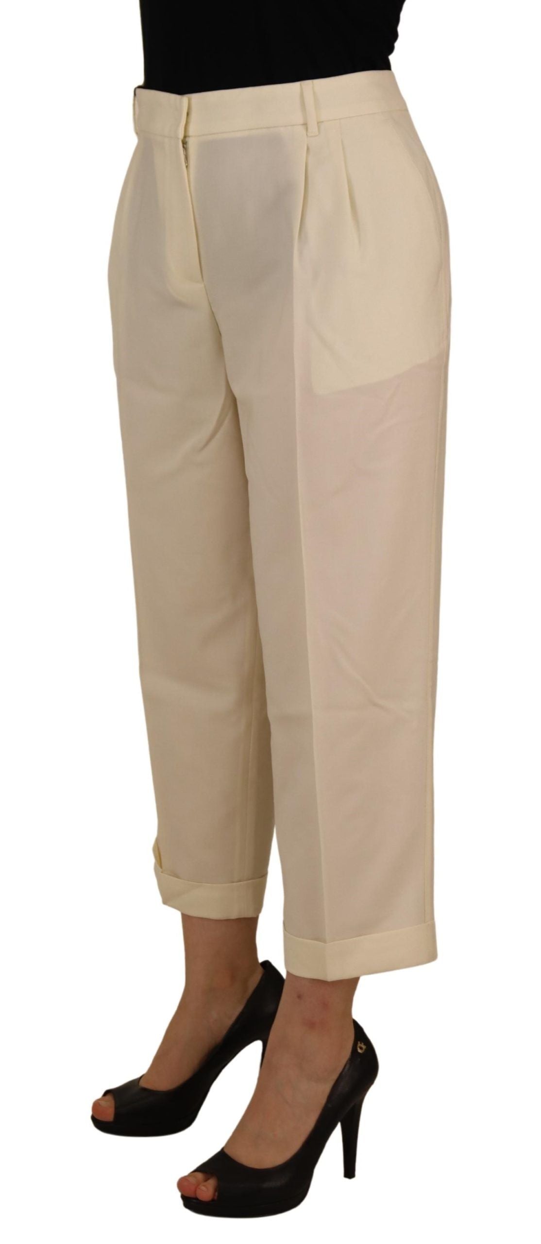 Dolce &amp; Gabbana Ivory High Waist Cropped Folded Hem Trousers Pants