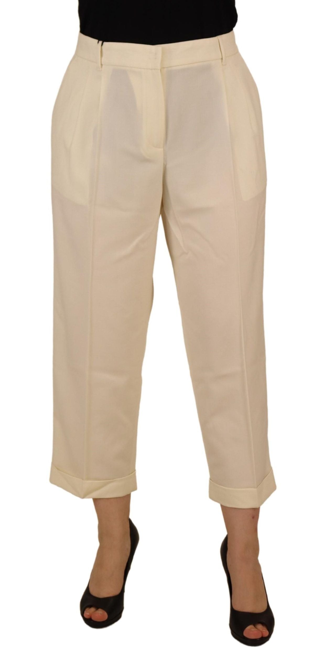 Dolce &amp; Gabbana Ivory High Waist Cropped Folded Hem Trousers Pants