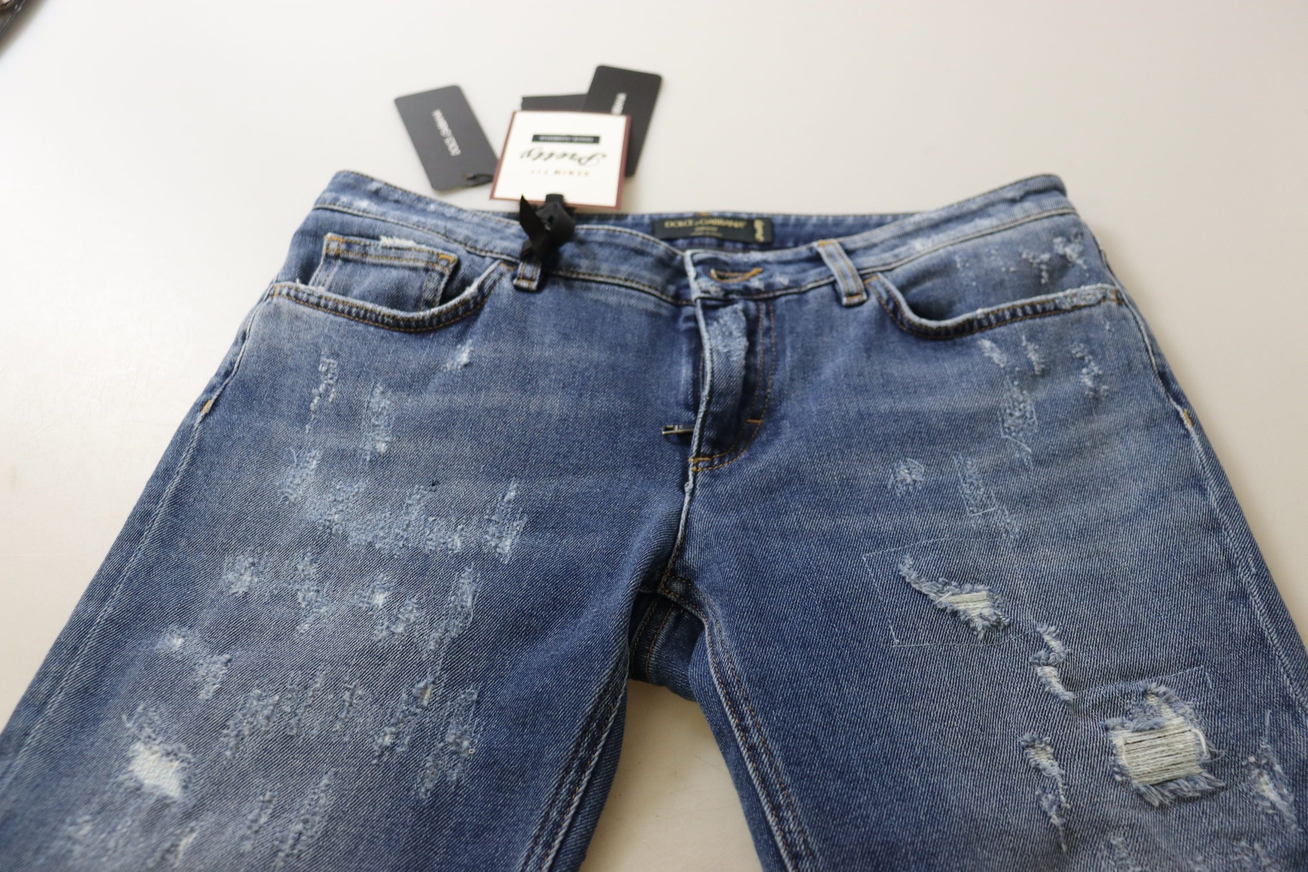 Dolce &amp; Gabbana Blue Washed Cotton Skinny Low Waist Denim Jeans