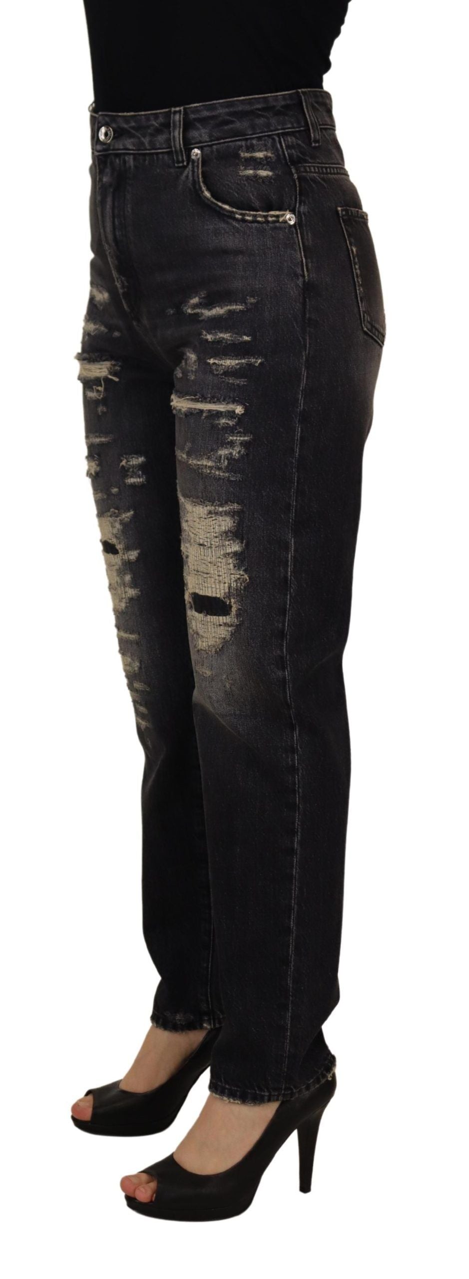 Dolce &amp; Gabbana Black Washed Tattered High Waist Denim Jeans