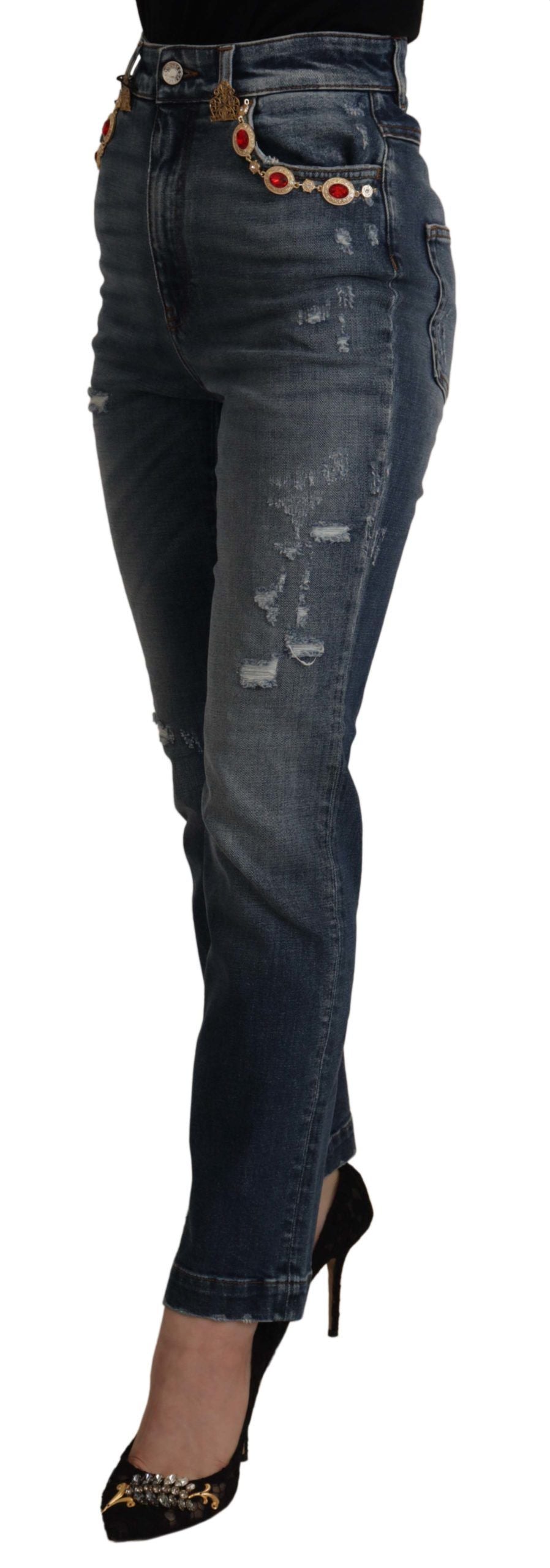 Dolce &amp; Gabbana Blue Denim Crystal Embellished Pants Jeans