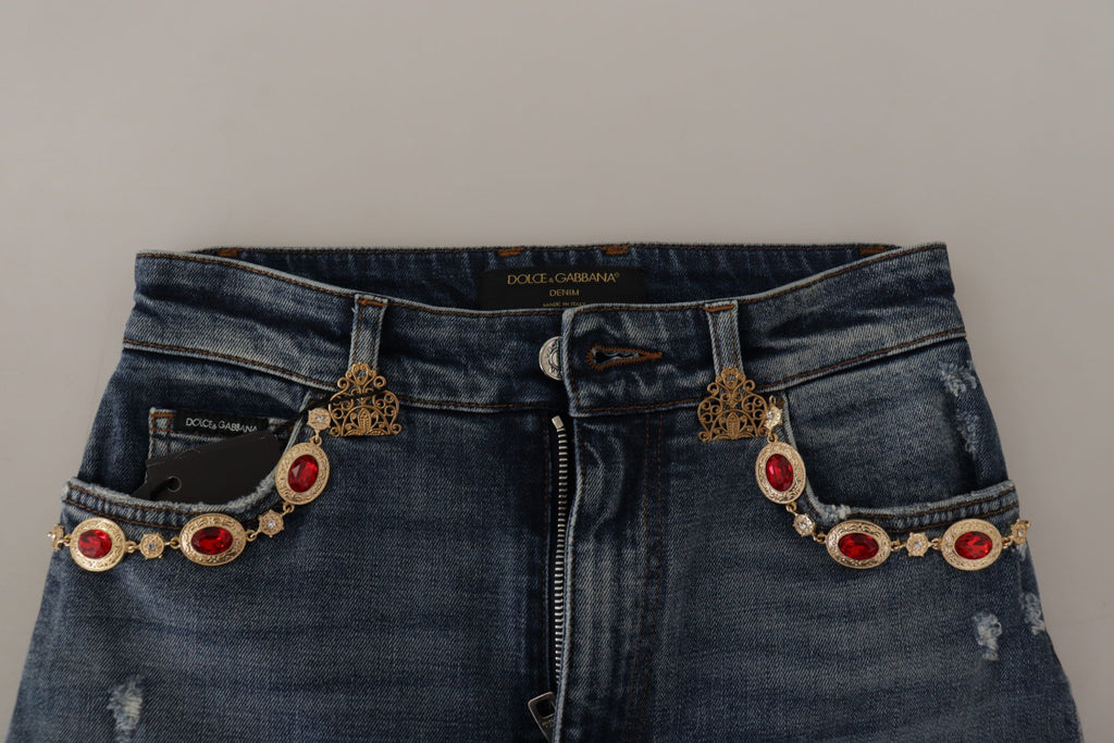 Dolce &amp; Gabbana Blue Denim Crystal Embellished Pants Jeans