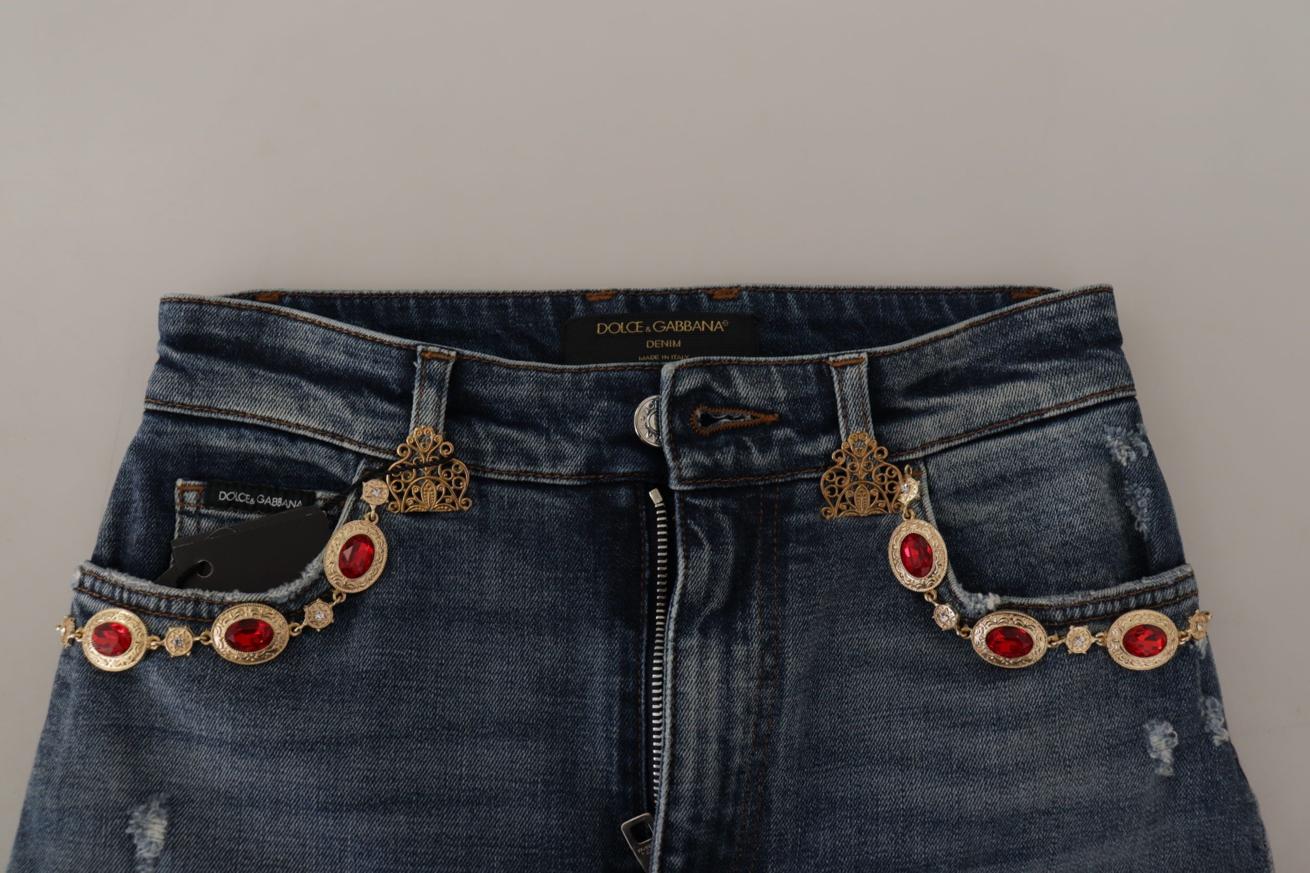 Dolce &amp; Gabbana Blue Denim Crystal Embellished Pants Jeans