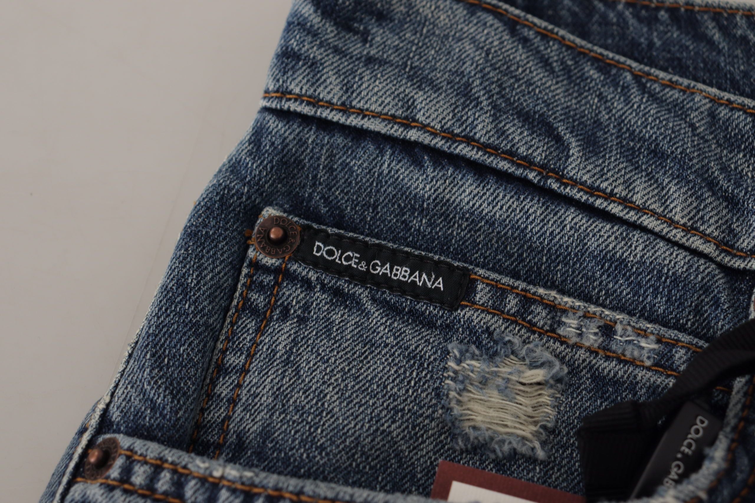 Dolce &amp; Gabbana Blue Denim Baroque Heart Logo Patch Pants Jeans