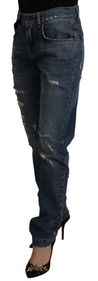 Dolce &amp; Gabbana Blue Denim Baroque Heart Logo Patch Pants Jeans