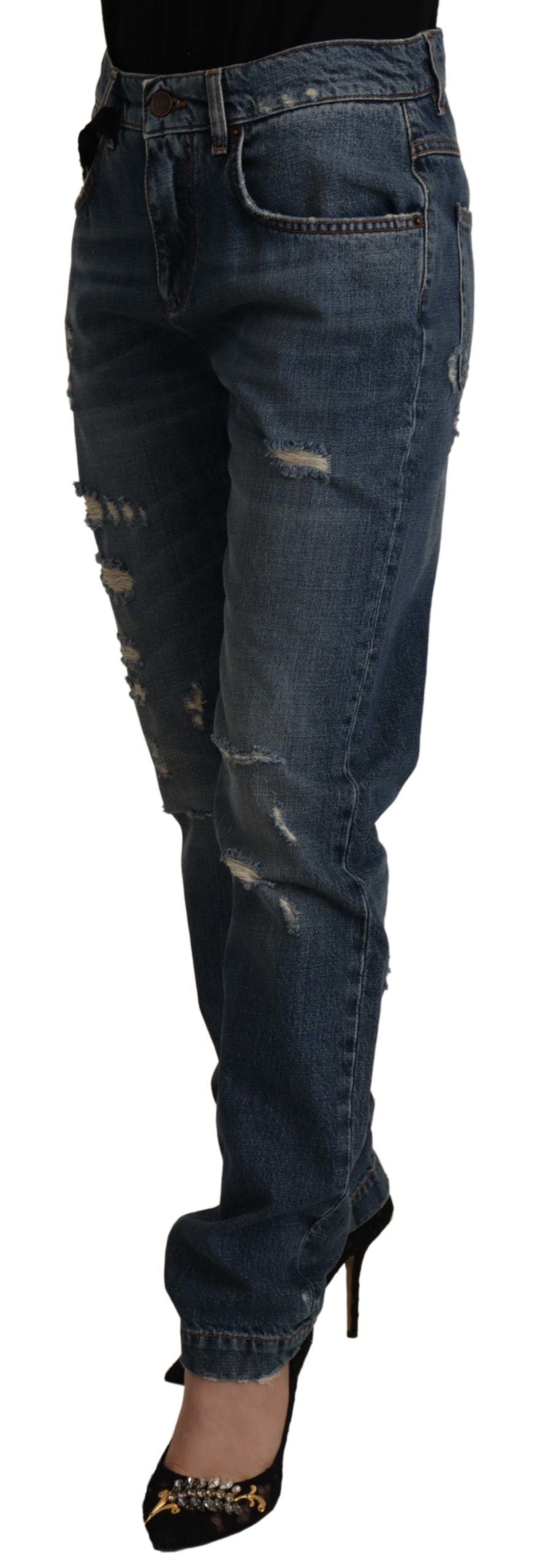 Dolce &amp; Gabbana Blue Denim Baroque Heart Logo Patch Pants Jeans