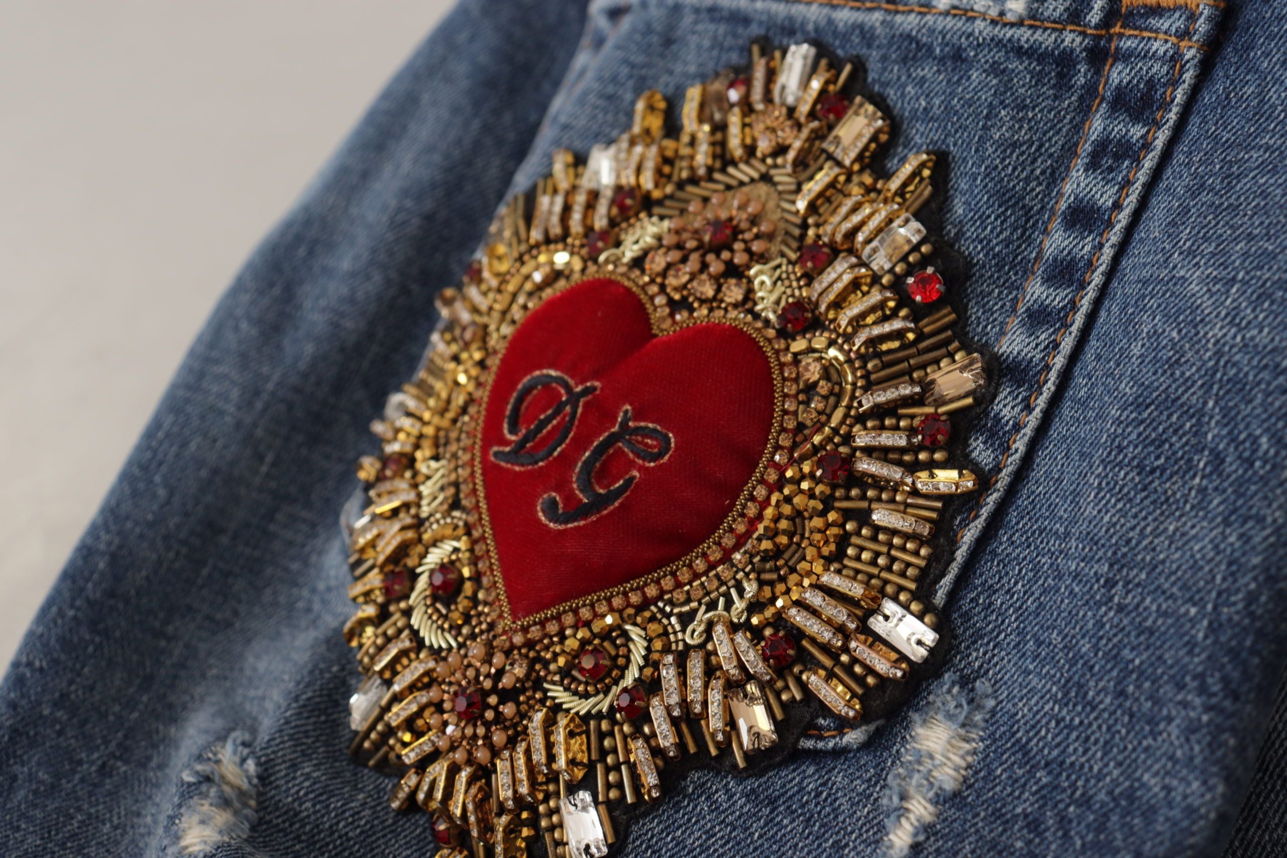 Dolce &amp; Gabbana Blue Denim Baroque Heart Logo Patch Pants Jeans