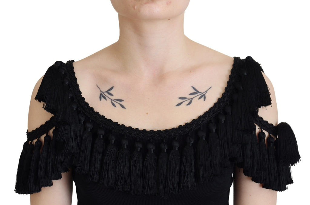 Dolce &amp; Gabbana Black Tank Top Blouse Tassle Cotton Blouse