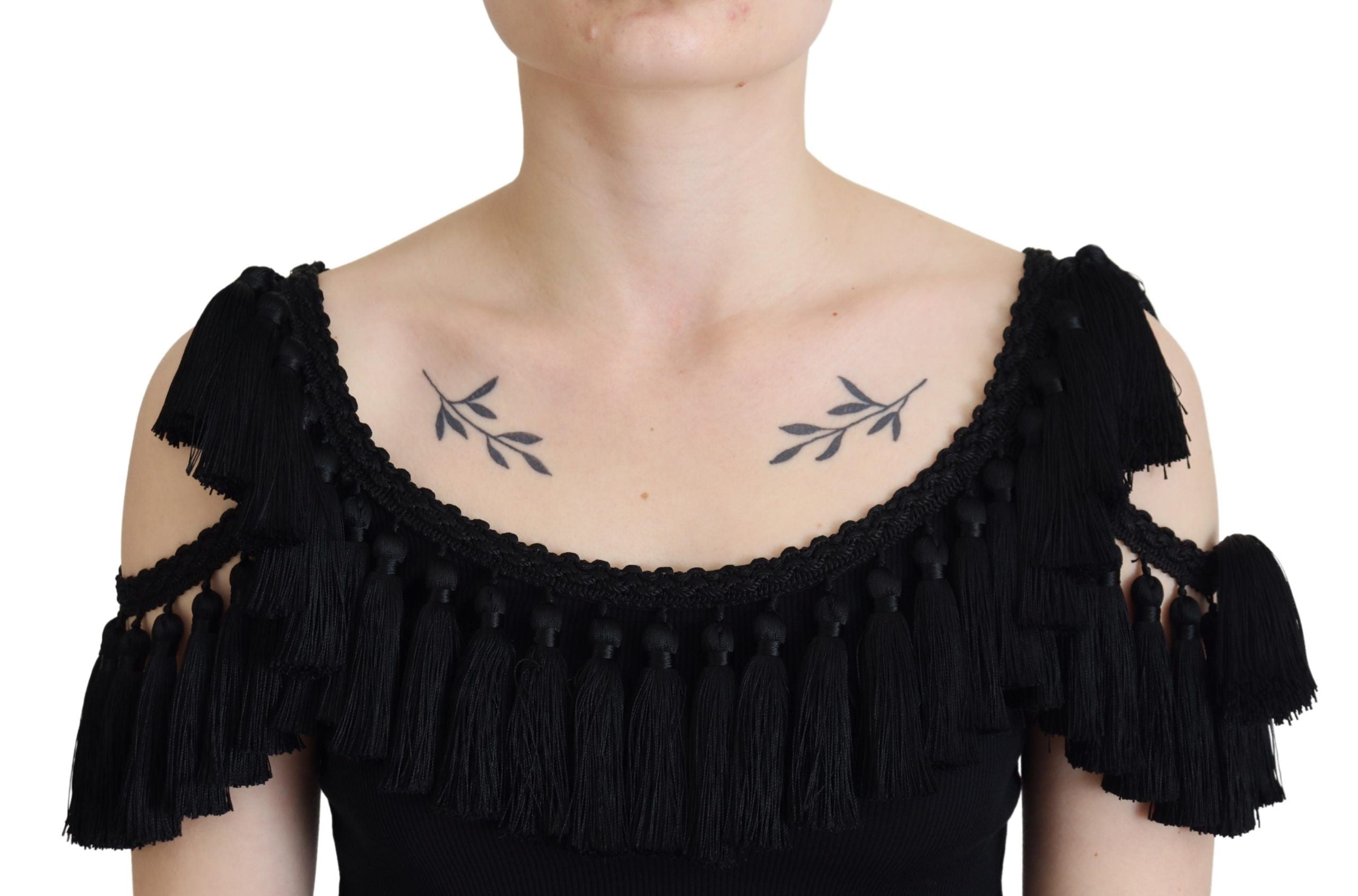 Dolce &amp; Gabbana Black Tank Top Blouse Tassle Cotton Blouse
