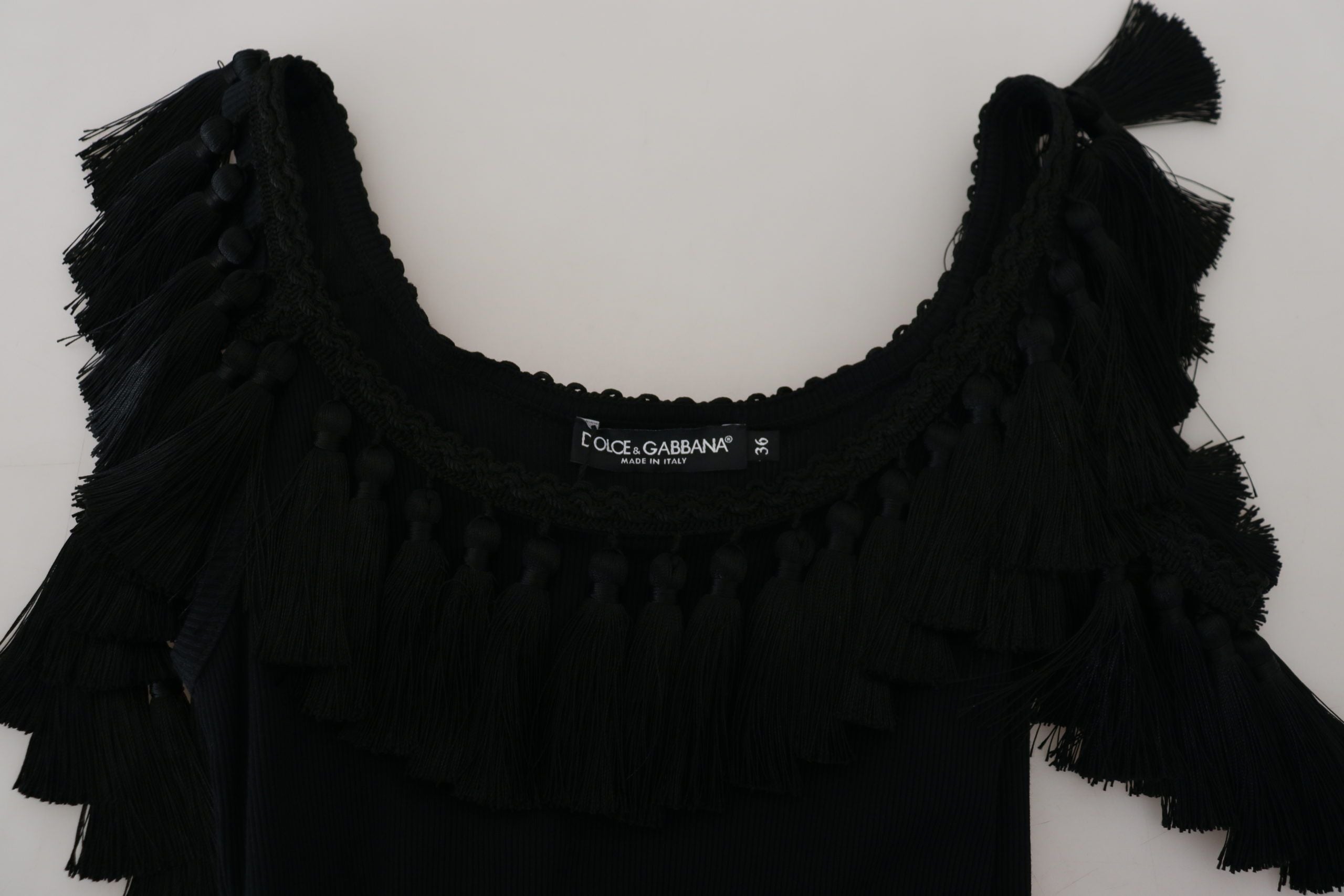 Dolce &amp; Gabbana Black Tank Top Blouse Tassle Cotton Blouse