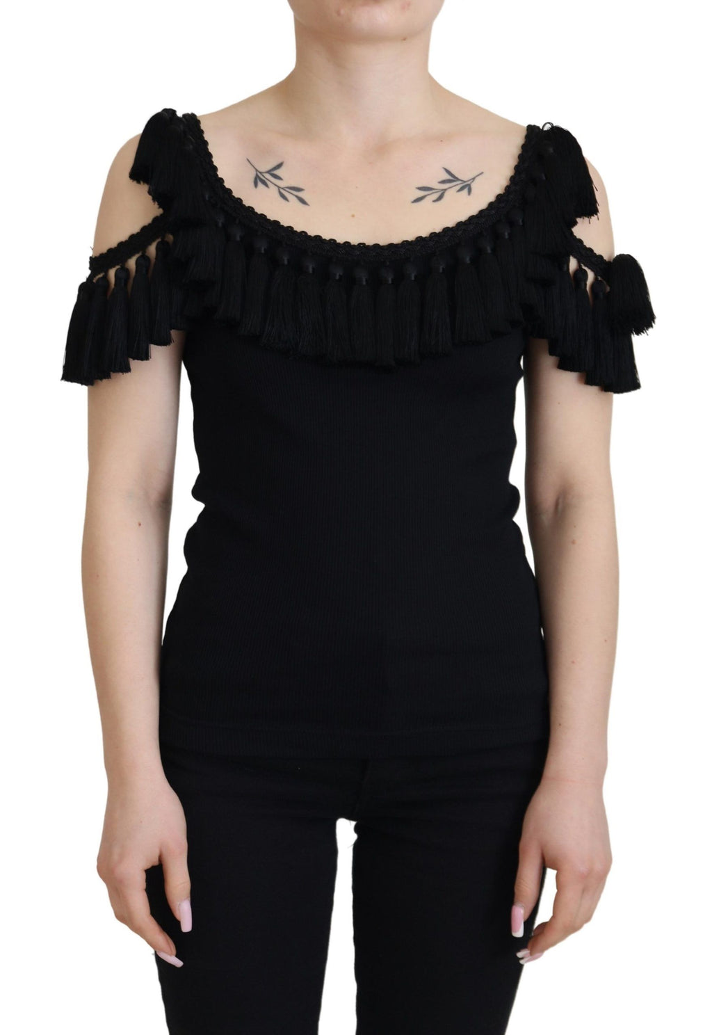 Dolce &amp; Gabbana Black Tank Top Blouse Tassle Cotton Blouse