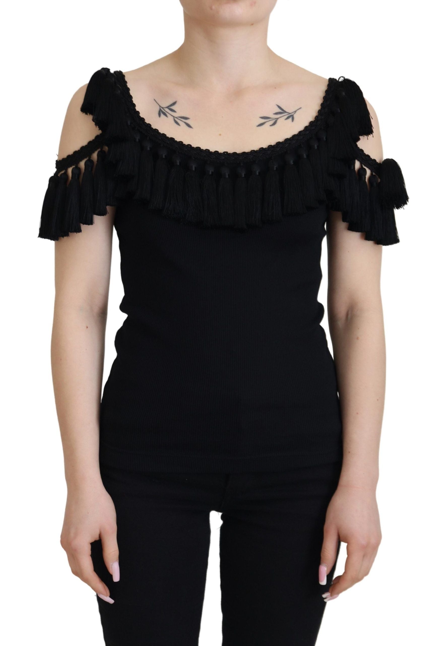 Dolce &amp; Gabbana Black Tank Top Blouse Tassle Cotton Blouse