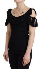 Dolce &amp; Gabbana Black Tank Top Blouse Tassle Cotton Blouse