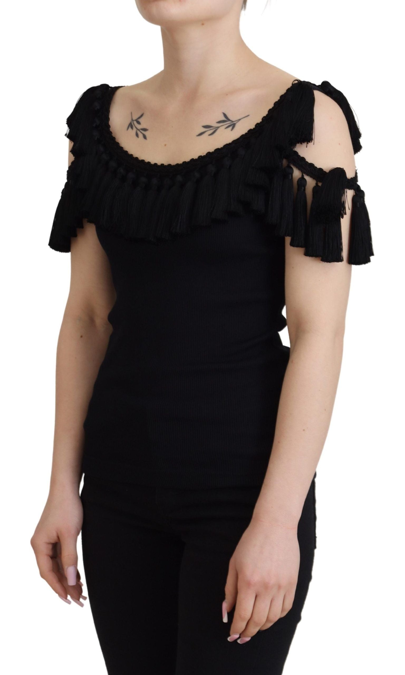 Dolce &amp; Gabbana Black Tank Top Blouse Tassle Cotton Blouse