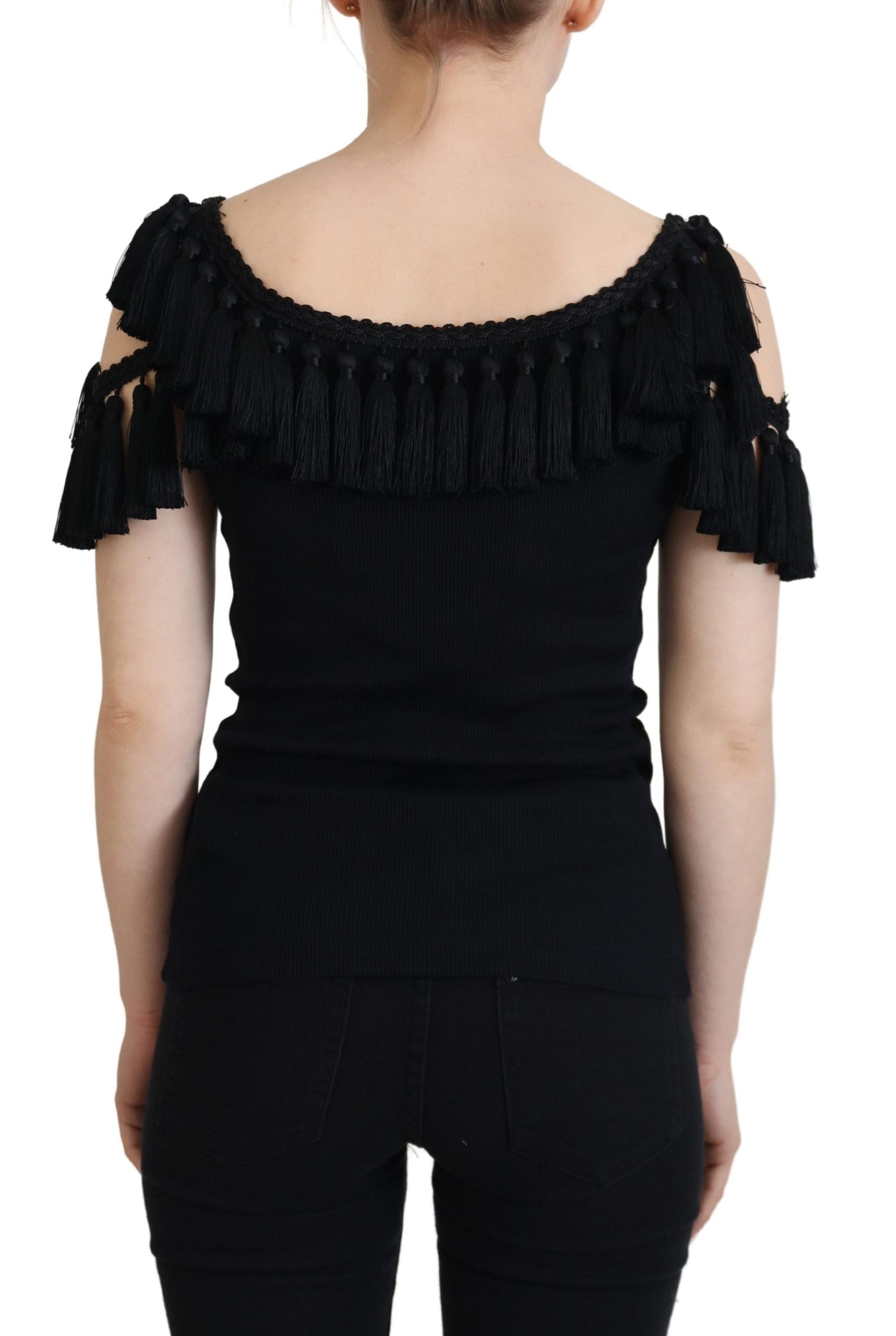 Dolce &amp; Gabbana Black Tank Top Blouse Tassle Cotton Blouse
