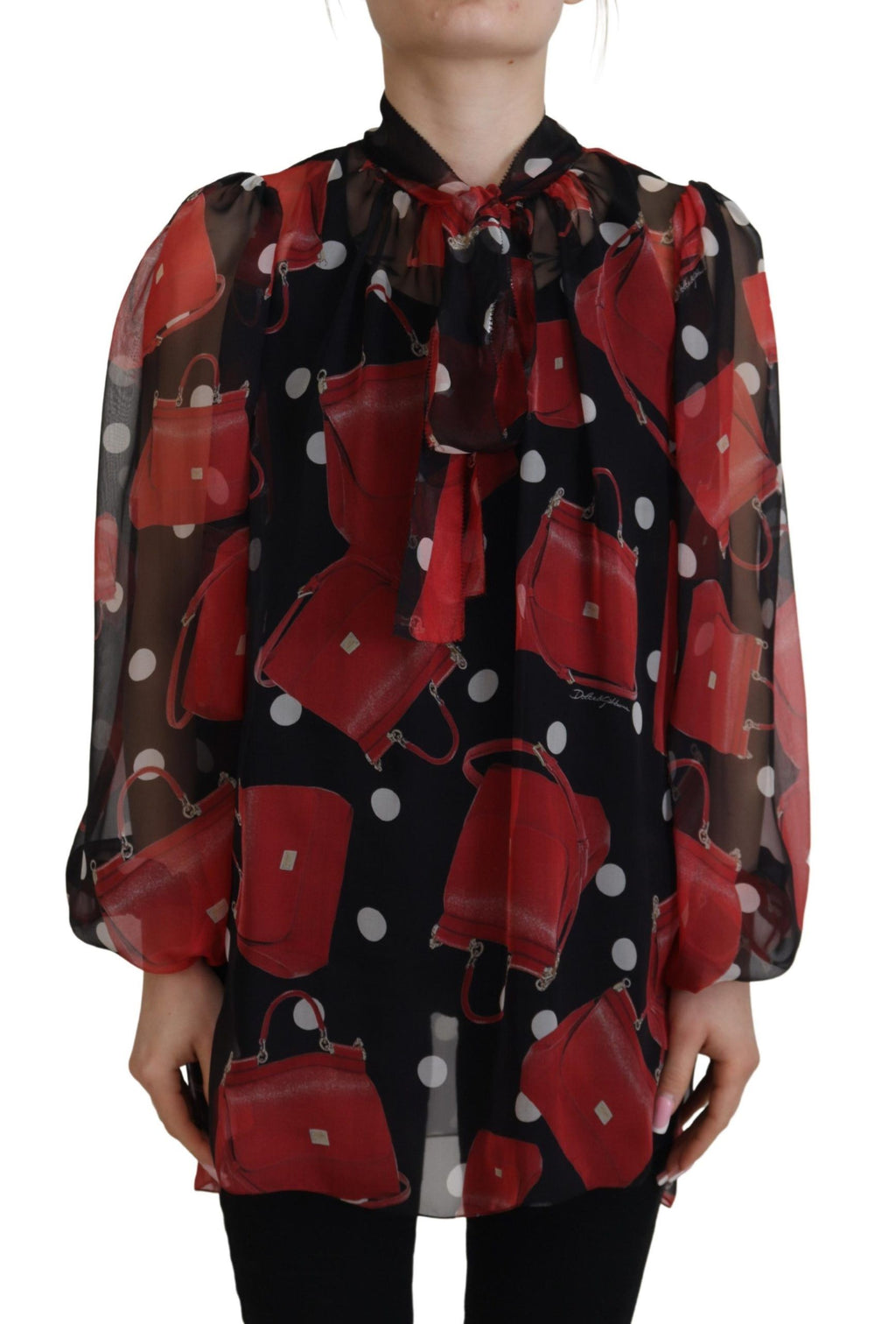 Dolce &amp; Gabbana Black Red Sicily Bag Silk Shirt Top Blouse