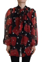 Dolce &amp; Gabbana Black Red Sicily Bag Silk Shirt Top Blouse