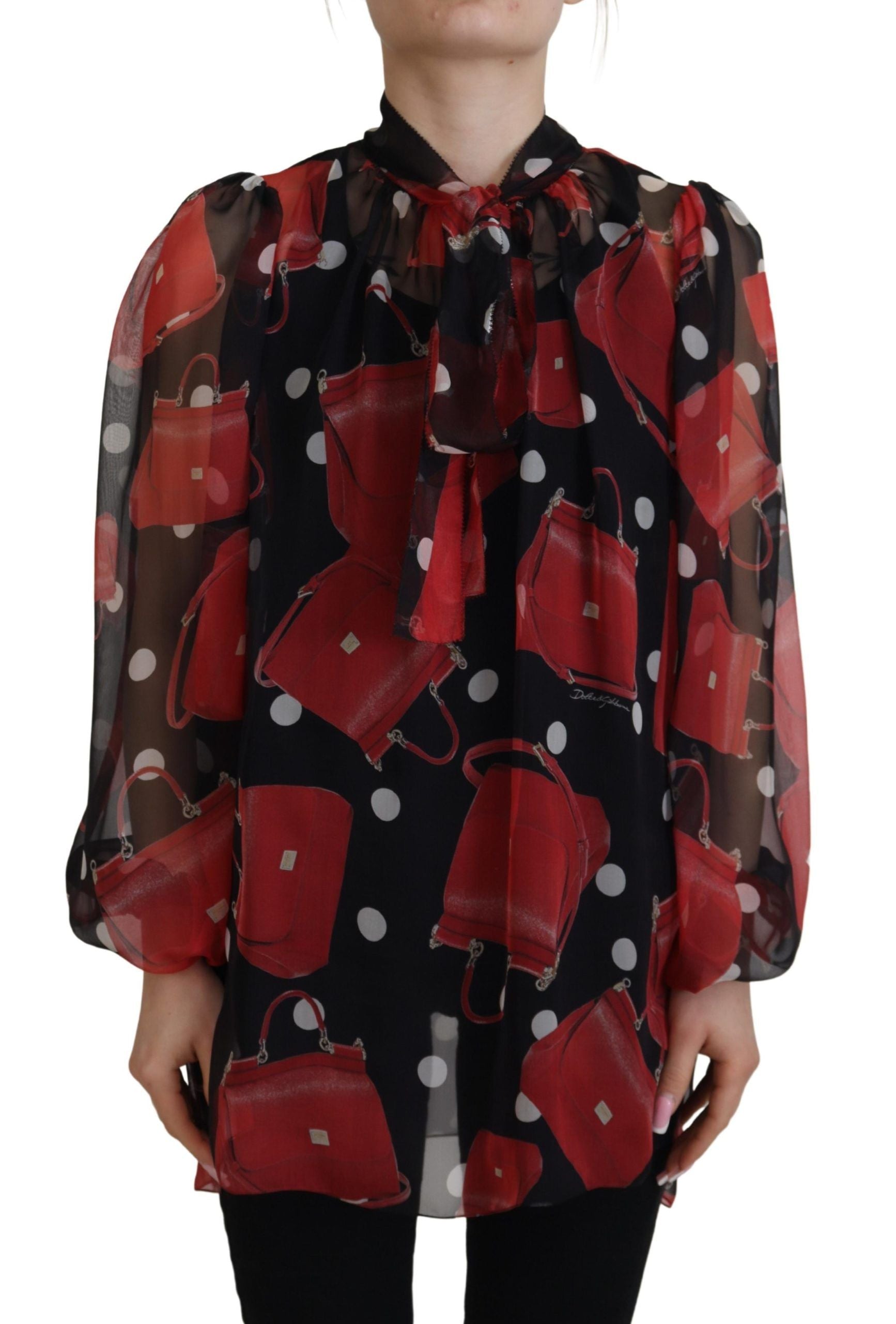Dolce &amp; Gabbana Black Red Sicily Bag Silk Shirt Top Blouse