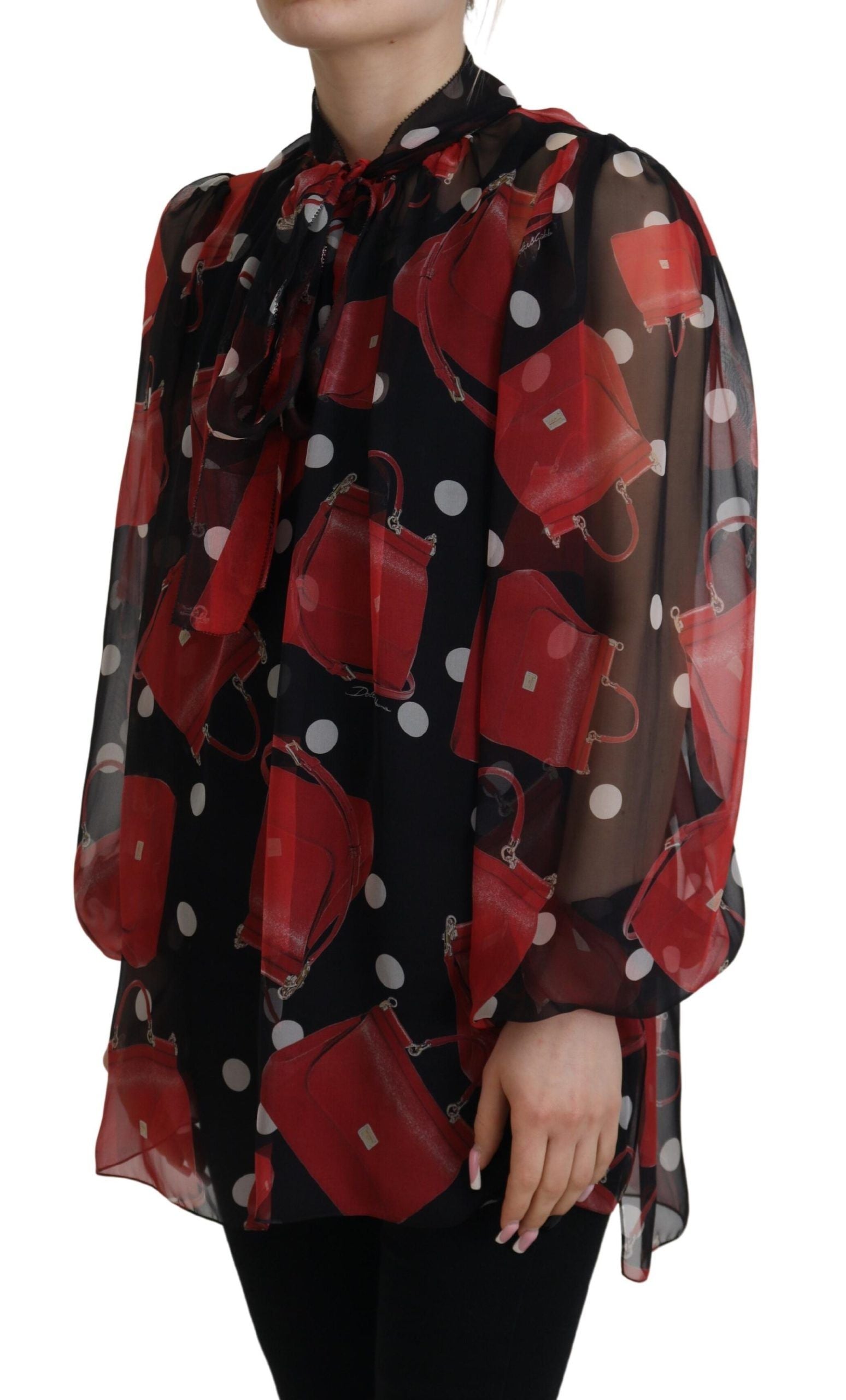 Dolce &amp; Gabbana Black Red Sicily Bag Silk Shirt Top Blouse