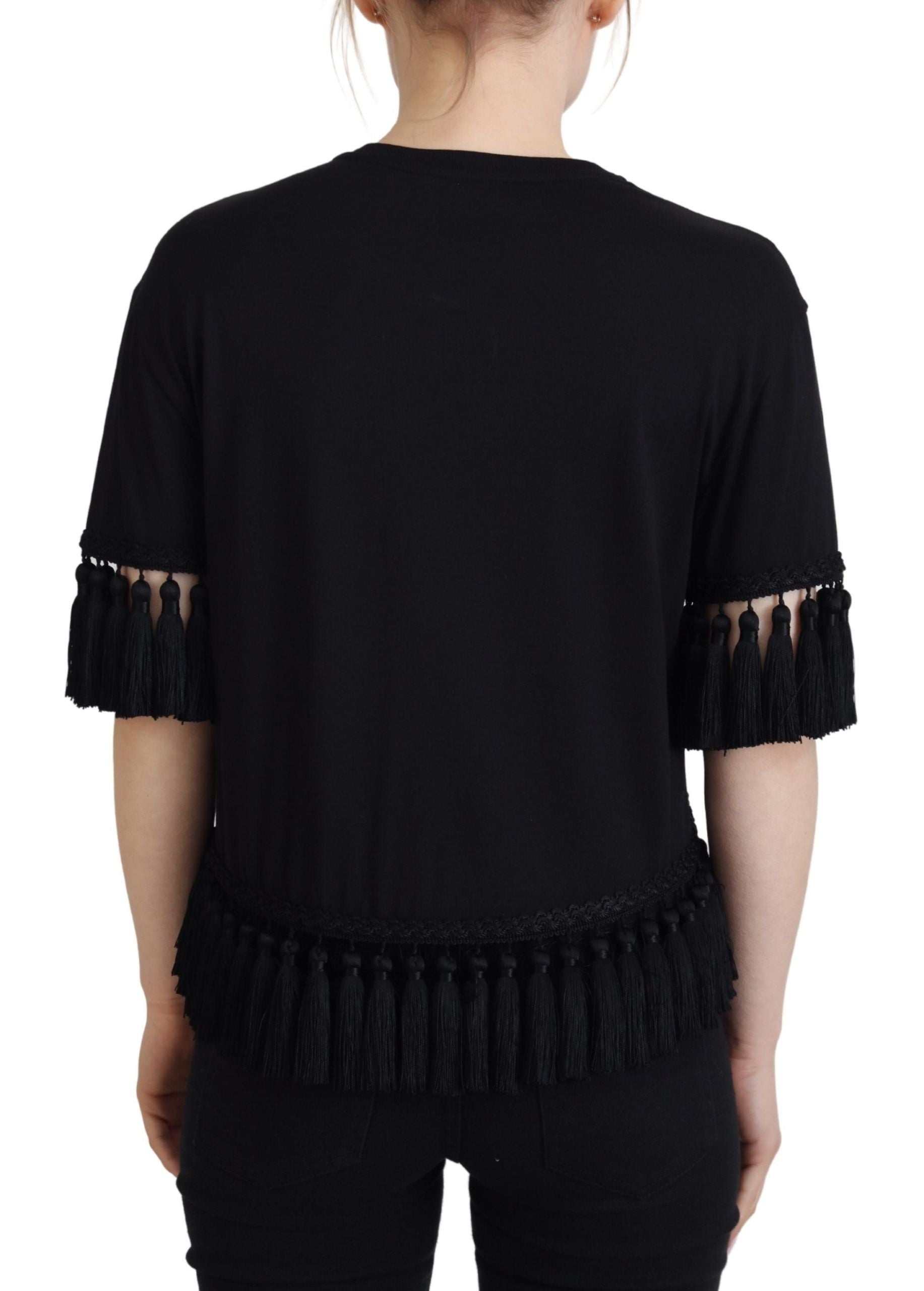 Dolce &amp; Gabbana Black T-shirt Blouse Tassle Cotton Blouse