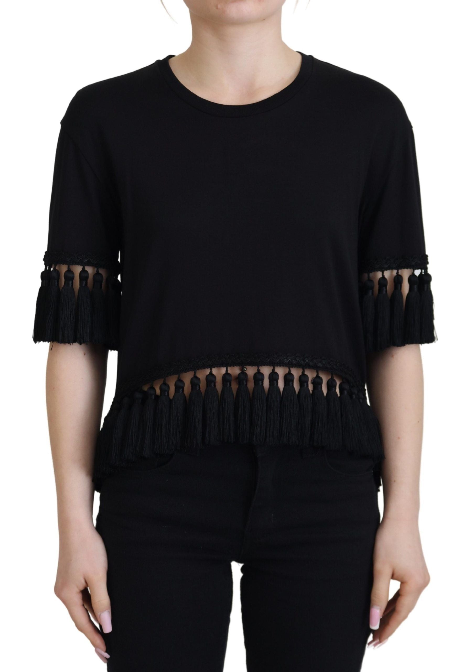 Dolce &amp; Gabbana Black T-shirt Blouse Tassle Cotton Blouse