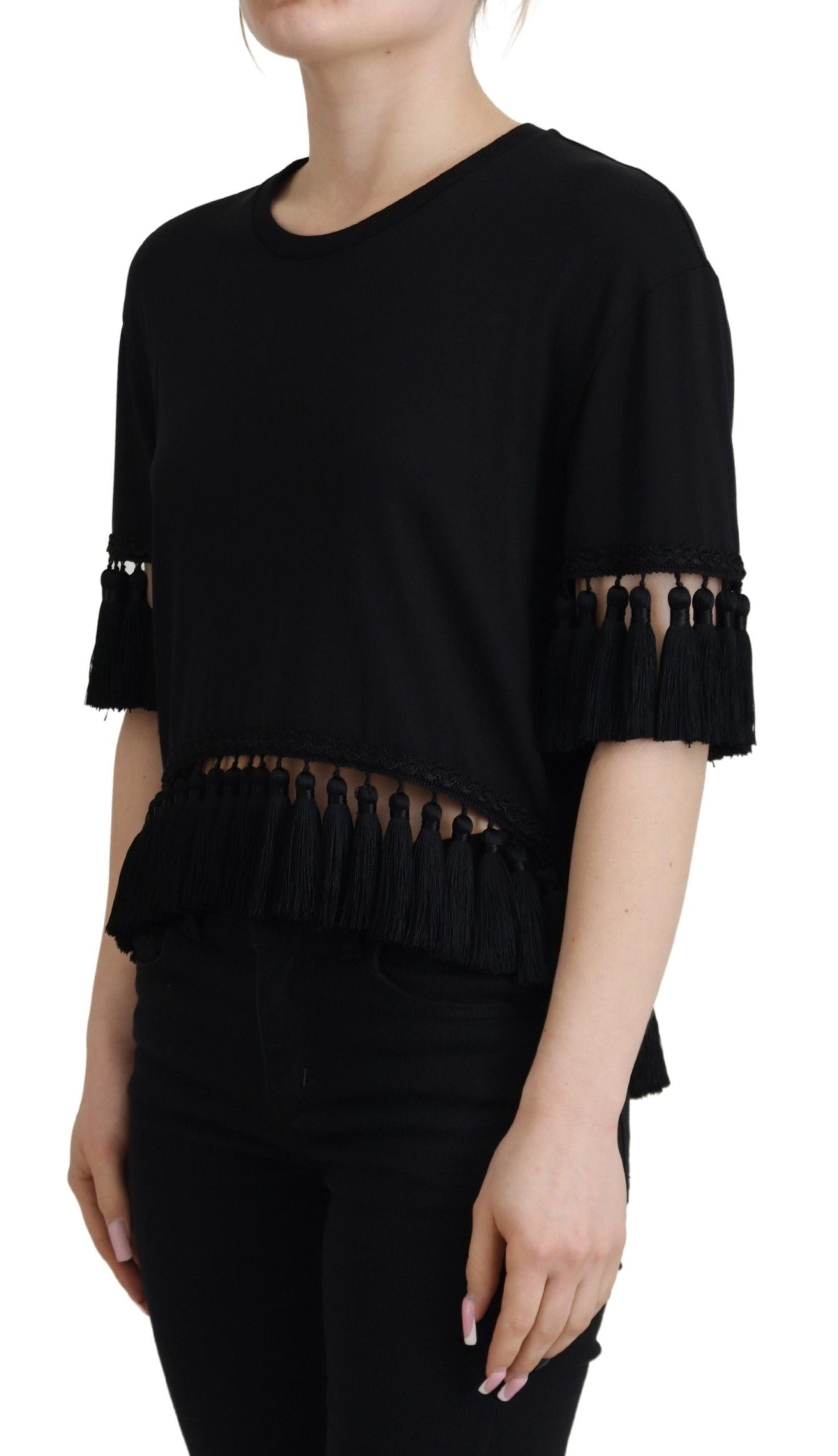 Dolce &amp; Gabbana Black T-shirt Blouse Tassle Cotton Blouse