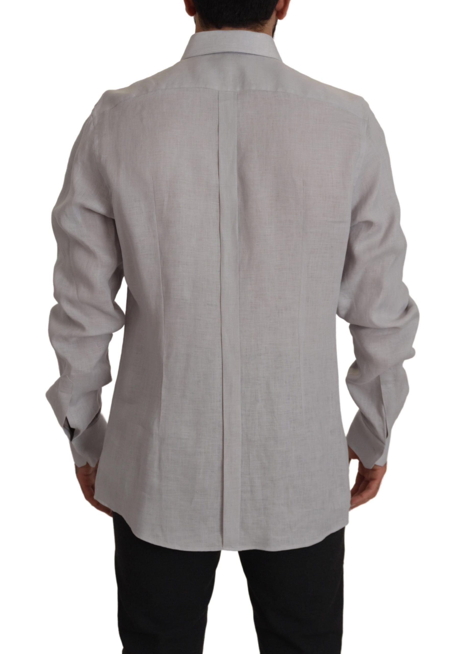 Dolce &amp; Gabbana Gray Linen Long Sleeves Formal GOLD Shirt