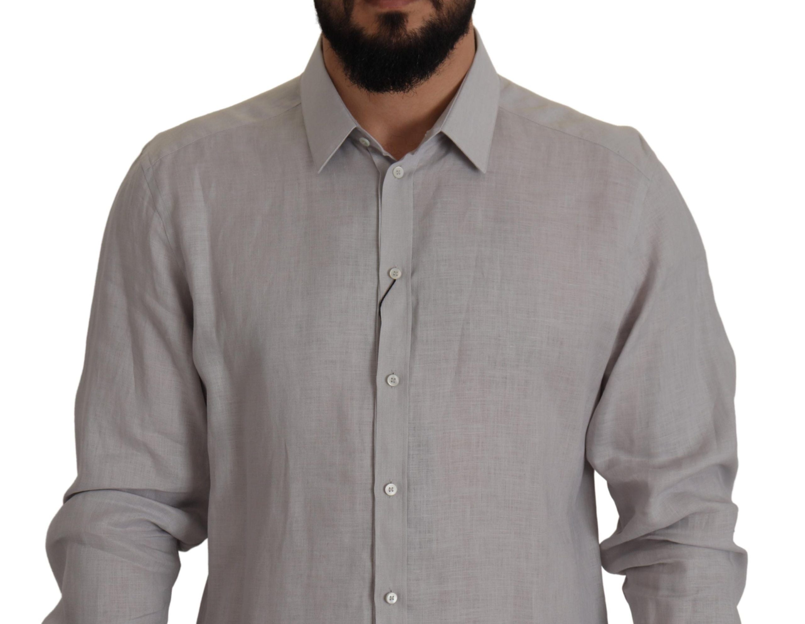 Dolce &amp; Gabbana Gray Linen Long Sleeves Formal GOLD Shirt