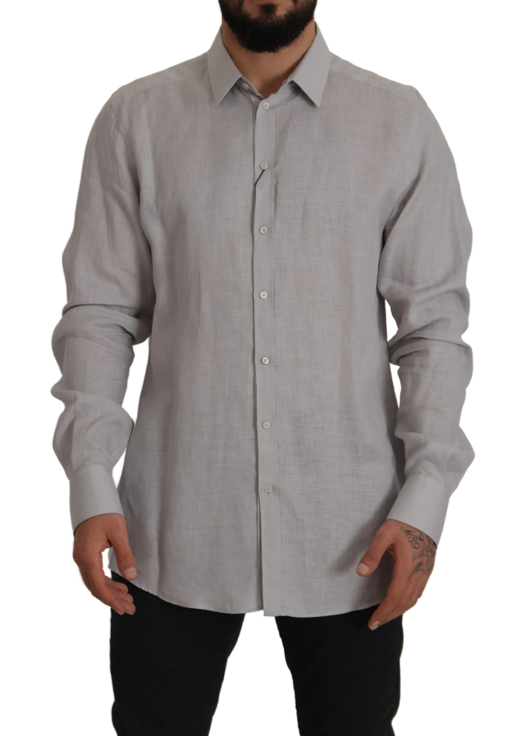 Dolce &amp; Gabbana Gray Linen Long Sleeves Formal GOLD Shirt