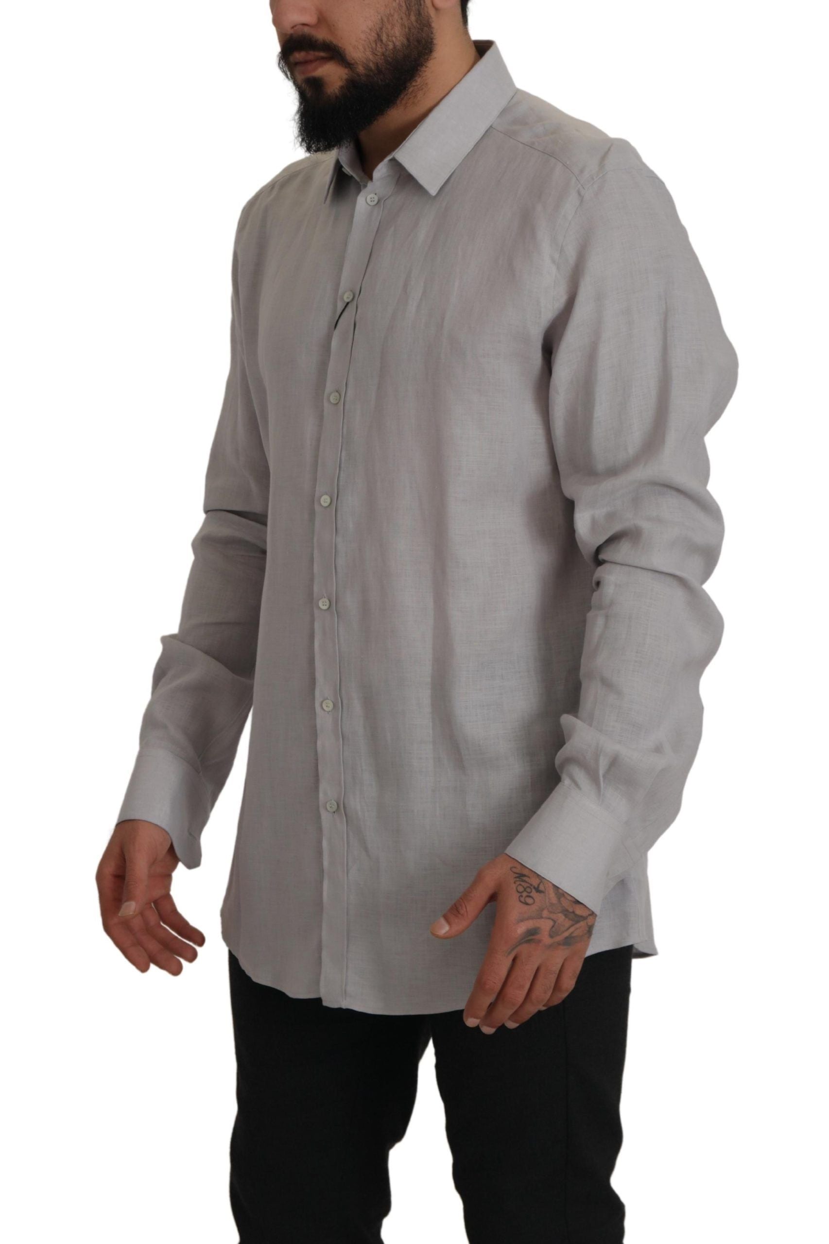 Dolce &amp; Gabbana Gray Linen Long Sleeves Formal GOLD Shirt
