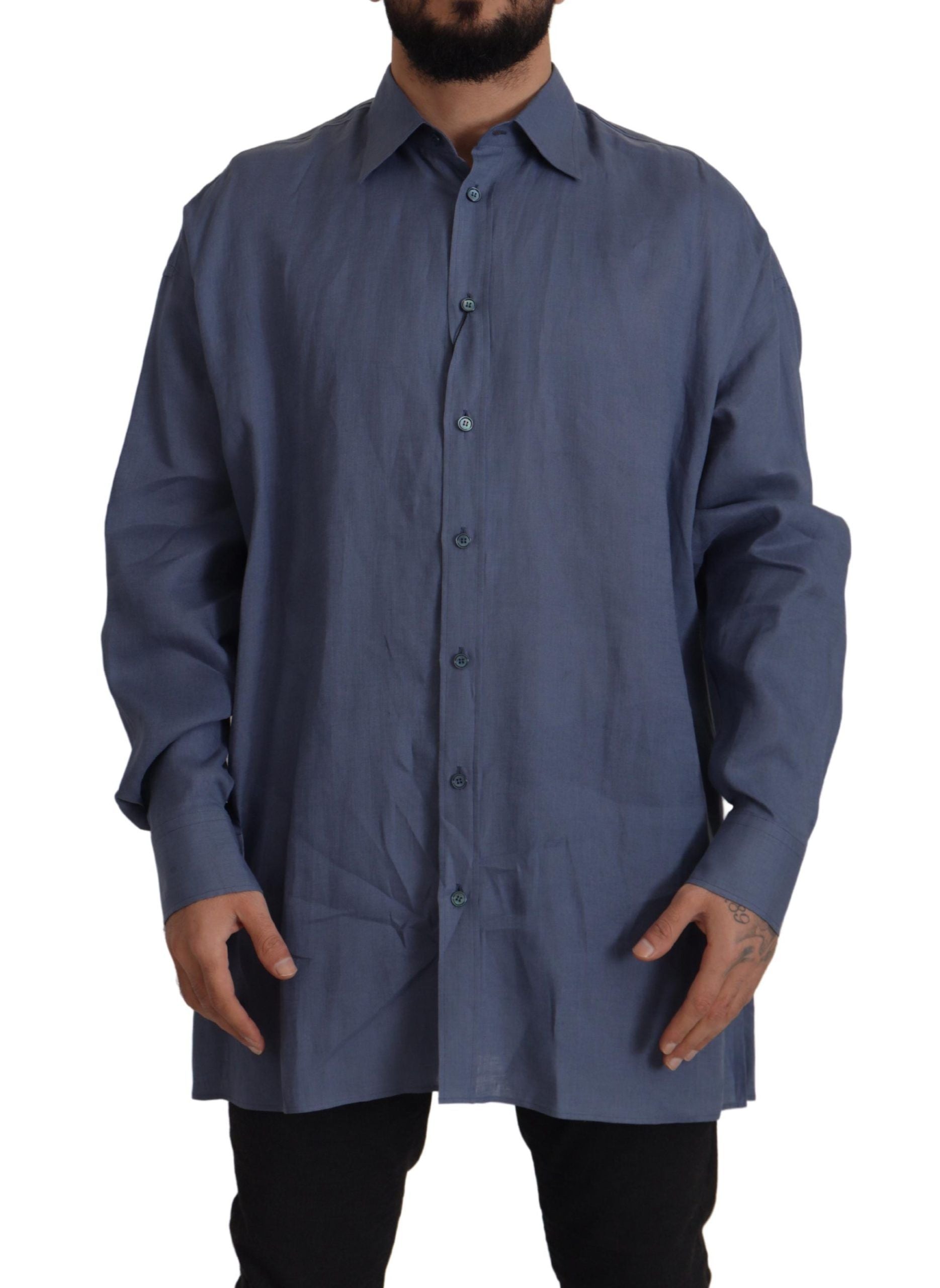 Dolce &amp; Gabbana Dark Blue Linen Slim Fit Dress Formal Men Shirt