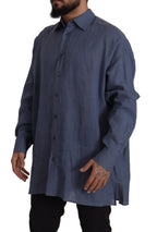 Dolce &amp; Gabbana Dark Blue Linen Slim Fit Dress Formal Men Shirt