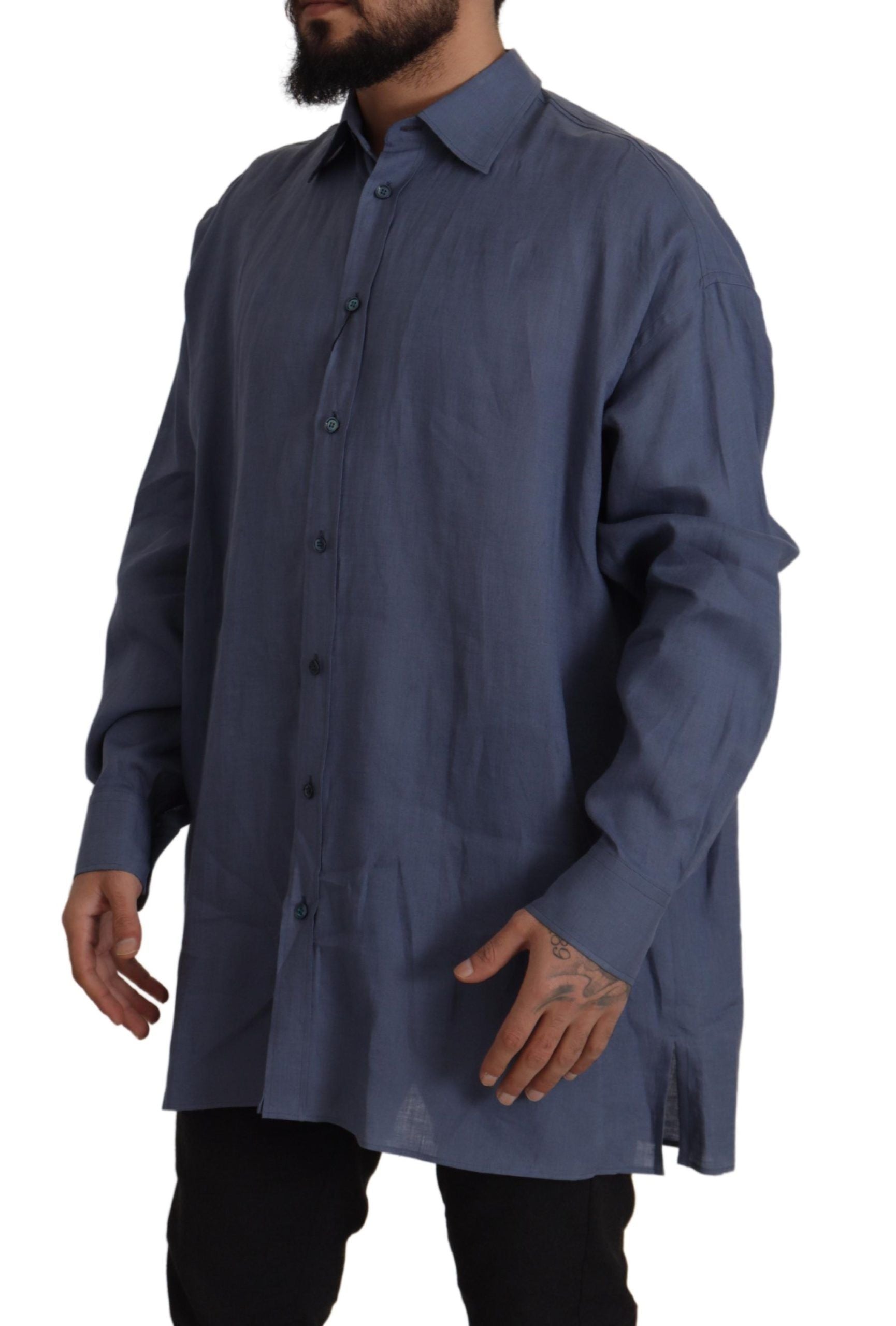 Dolce &amp; Gabbana Dark Blue Linen Slim Fit Dress Formal Men Shirt