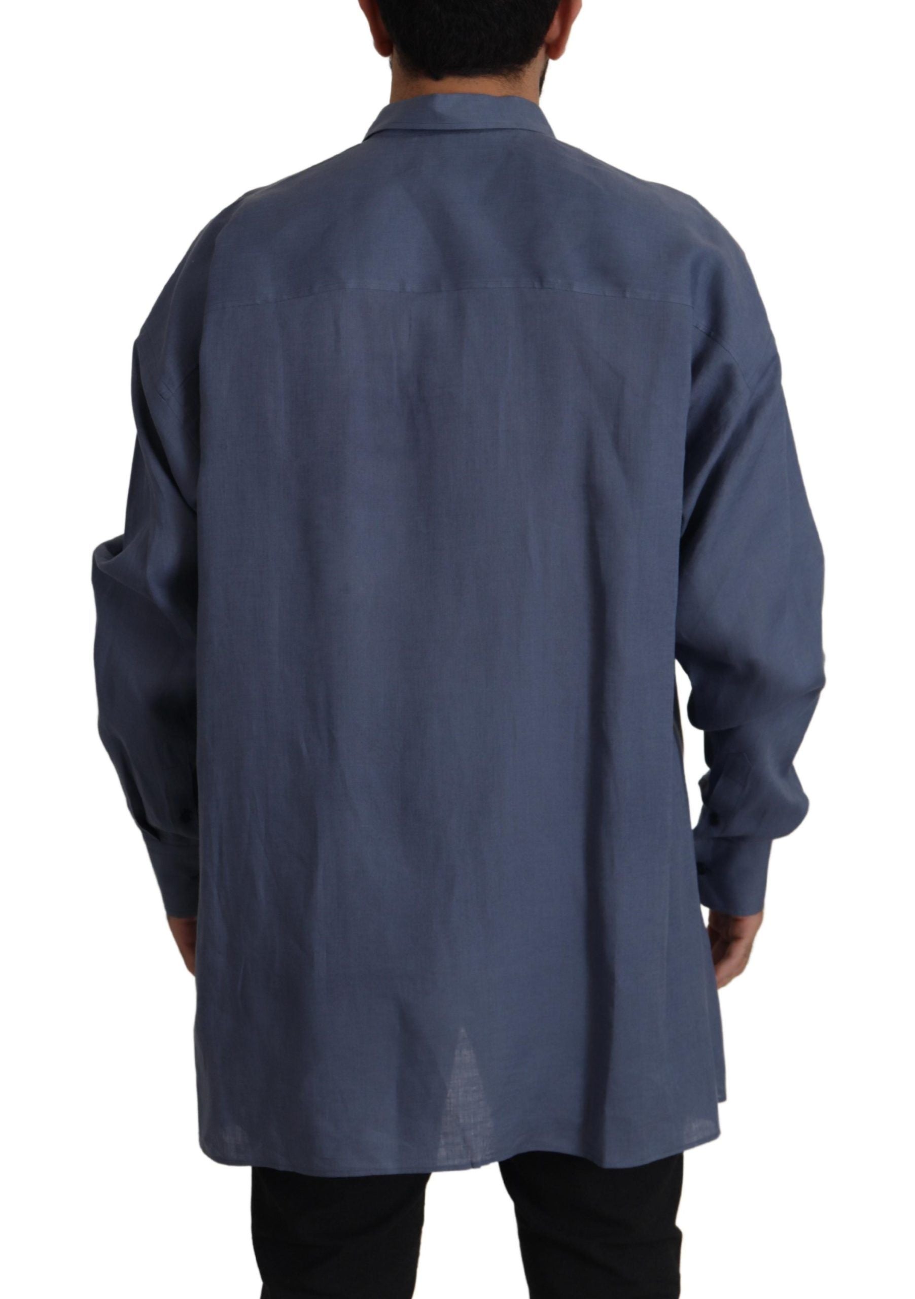 Dolce &amp; Gabbana Dark Blue Linen Slim Fit Dress Formal Men Shirt