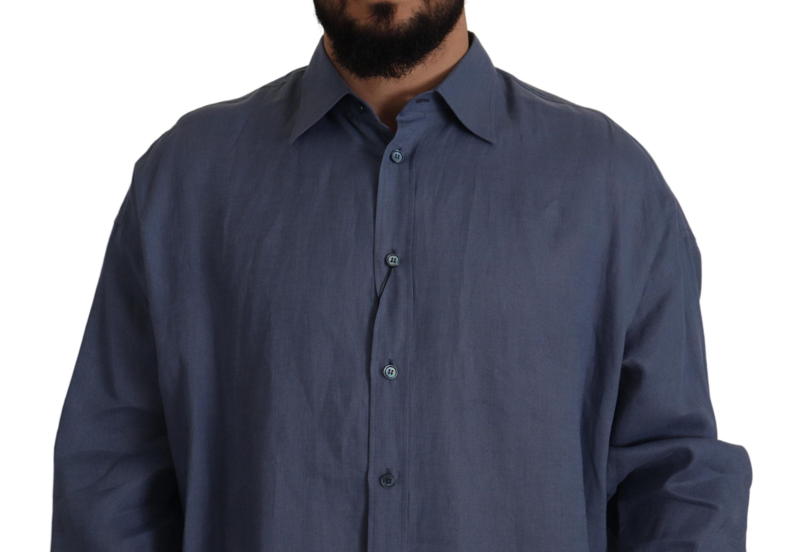 Dolce &amp; Gabbana Dark Blue Linen Slim Fit Dress Formal Men Shirt