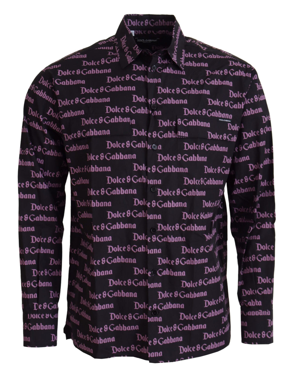 Dolce &amp; Gabbana Black Purple Logo Slim Dress Formal Shirt