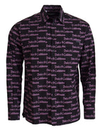 Dolce &amp; Gabbana Black Purple Logo Slim Dress Formal Shirt