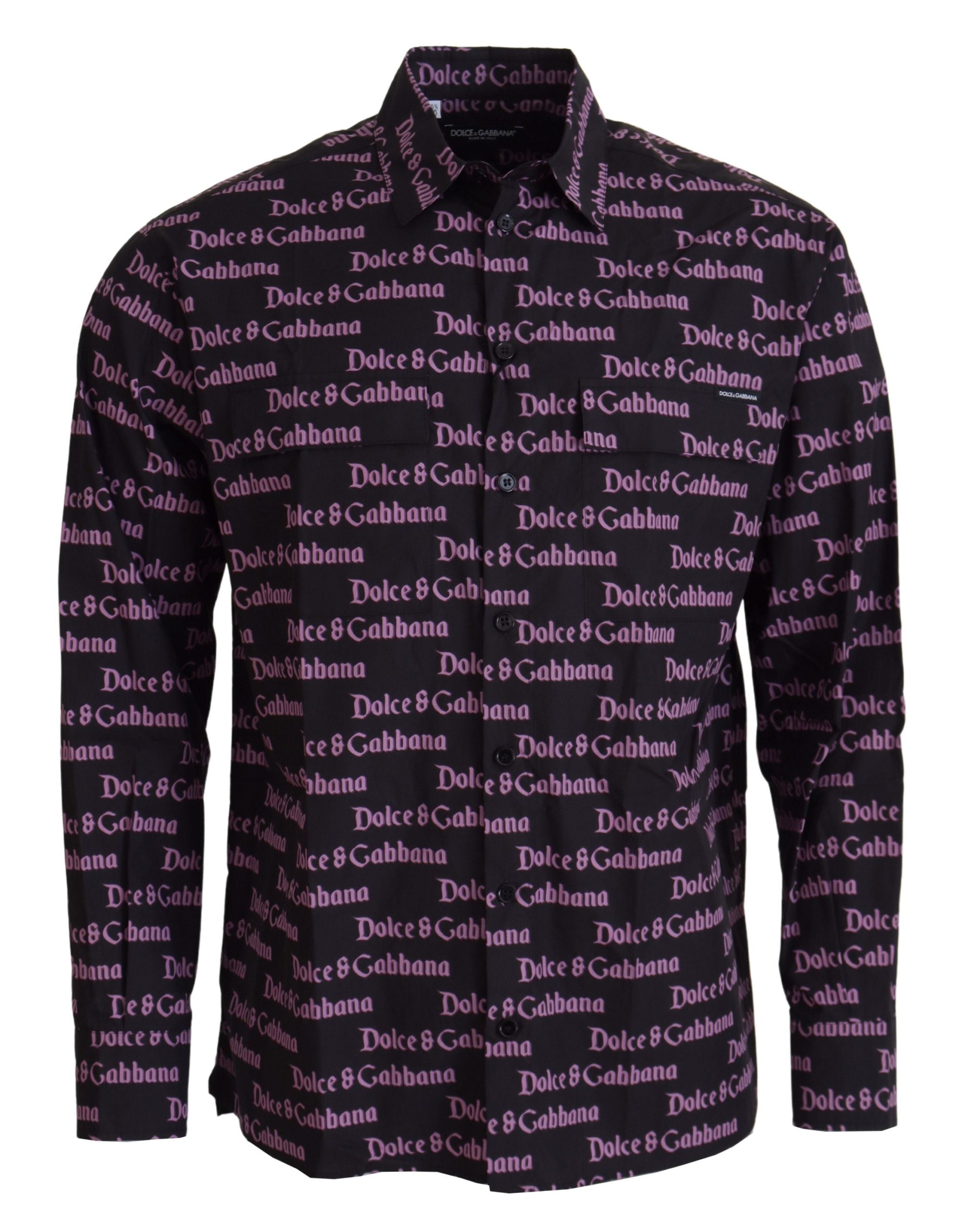 Dolce &amp; Gabbana Black Purple Logo Slim Dress Formal Shirt