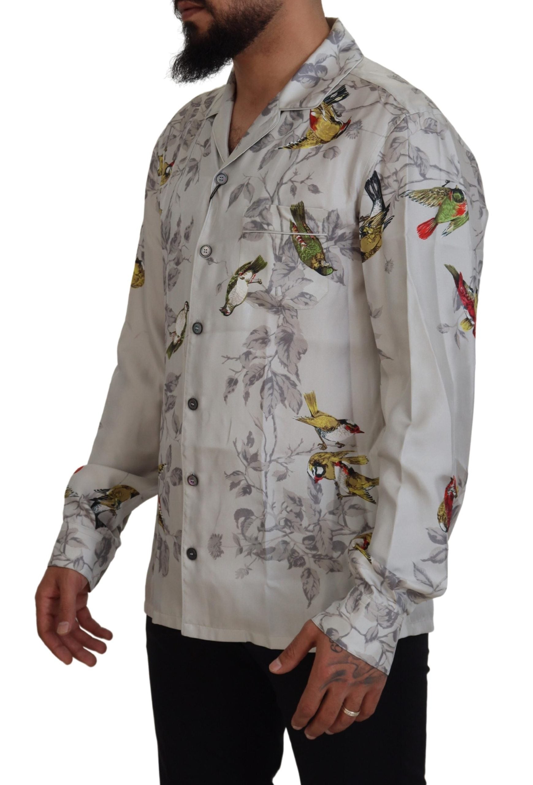 Dolce &amp; Gabbana White Bird Print Silk Satin Casual Shirt